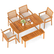 6-Piece Outdoor Acacia Wood Dining Set with Cushioned Chairs and Bench