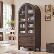71" Tall Arched Kitchen Pantry Cabinet with Glass Doors and Drawers