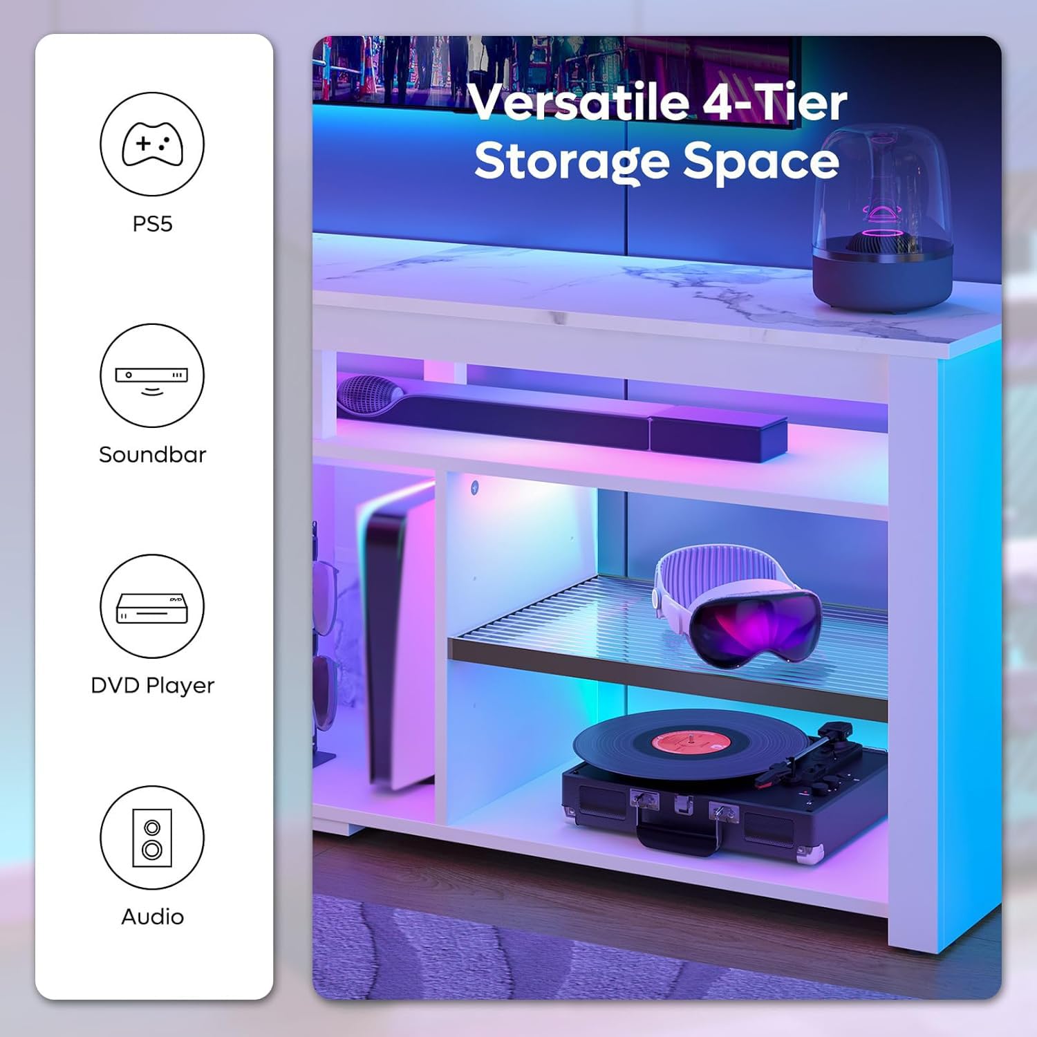 TV Stand for 70 Inch TV with LED Lights and Storage