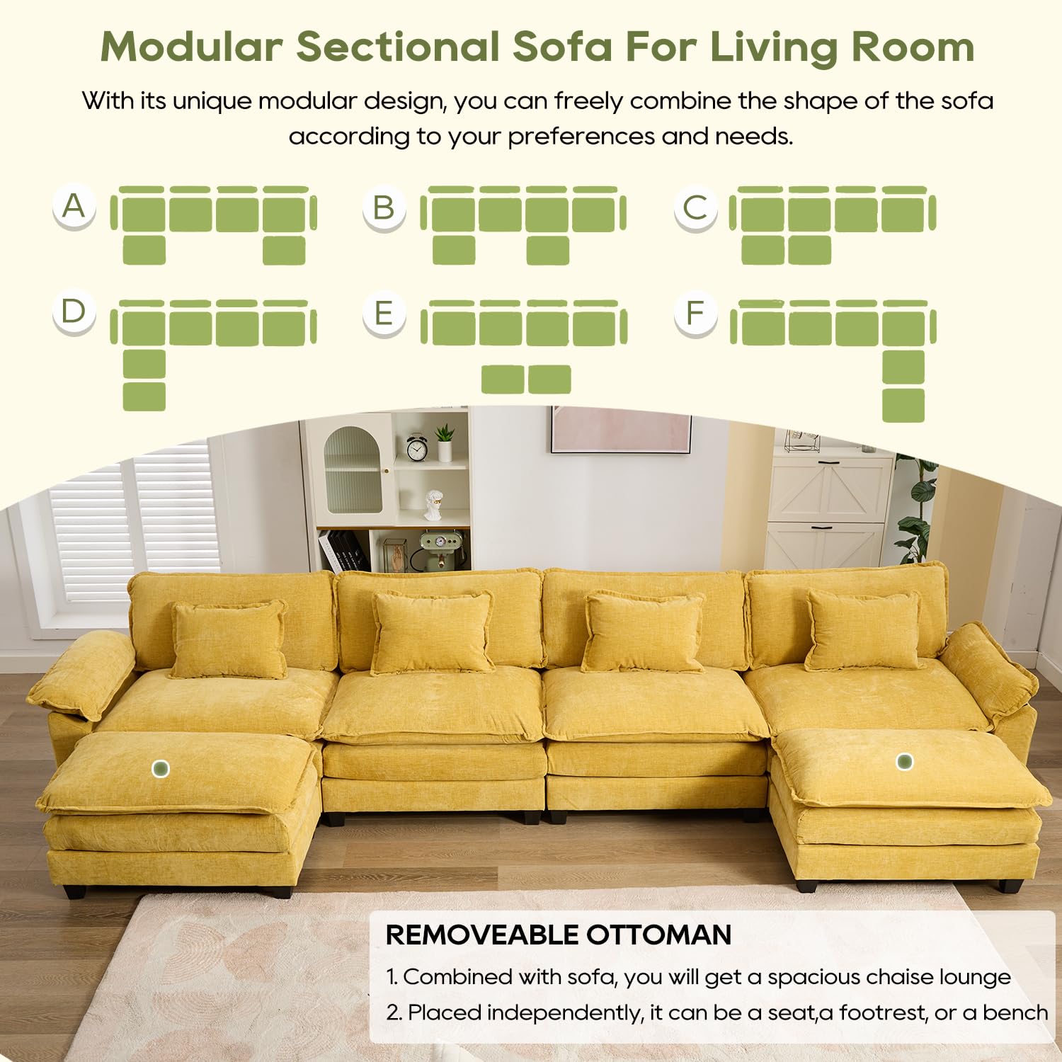 154" Modular Sectional Sofa Cloud Couch with Ottoman