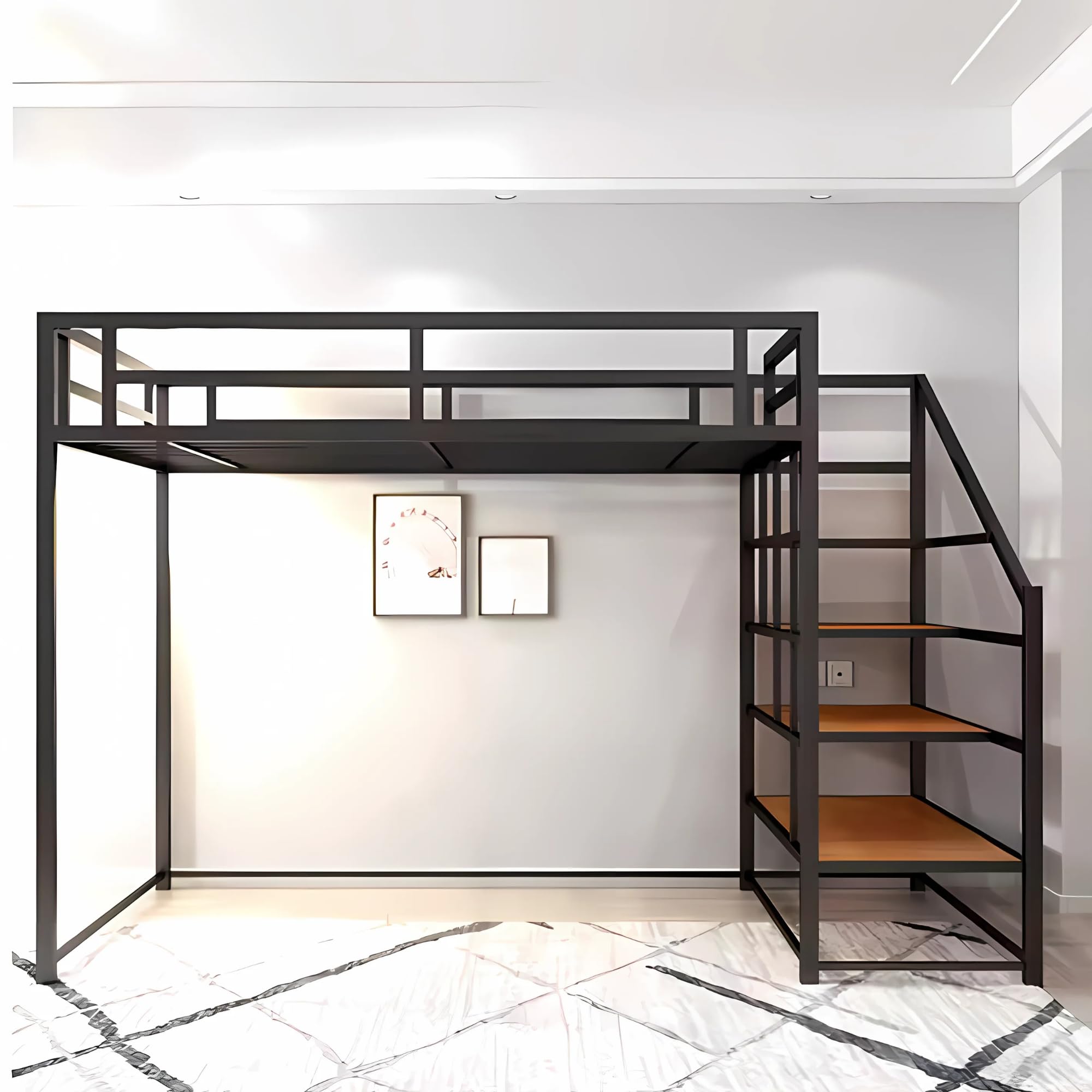 Twin XL Metal Loft Bed with Storage Shelves and Stairs