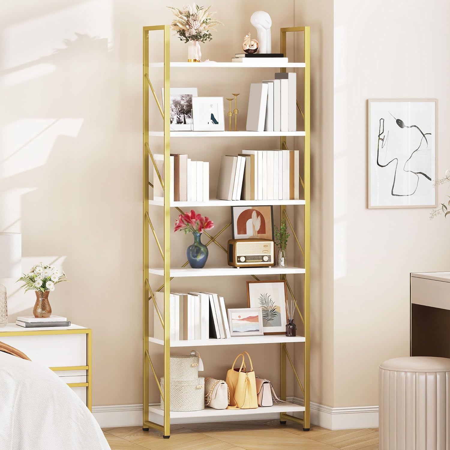 6 Tier Gold Bookshelf Modern Display Storage Rack