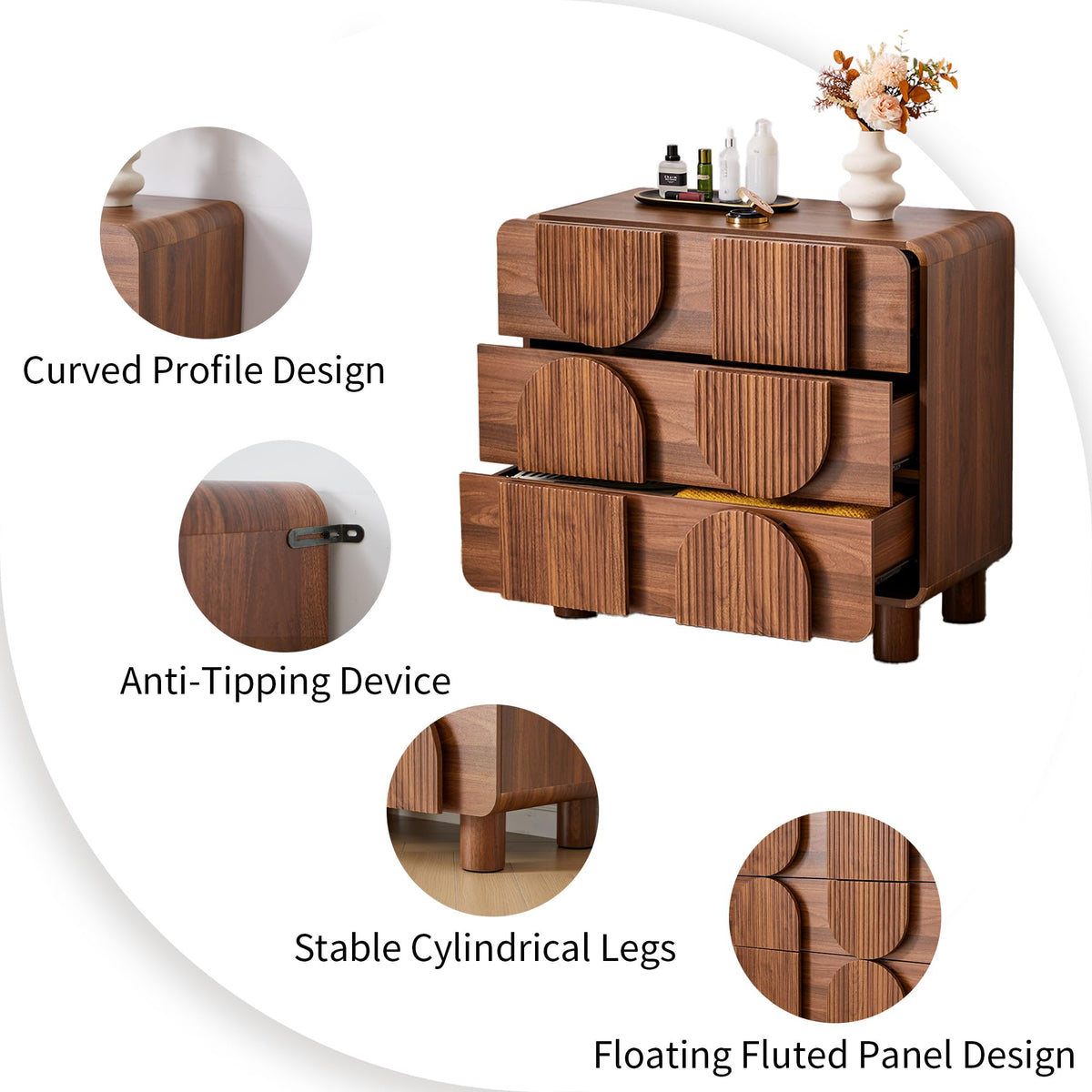 3 Drawer Dresser with Fluted Design