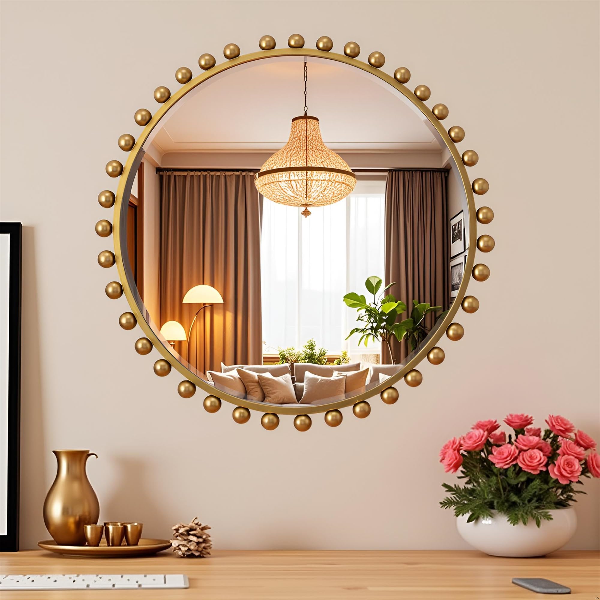 30 Inch Round Wall Mirror with Antique Gold Ball Frame