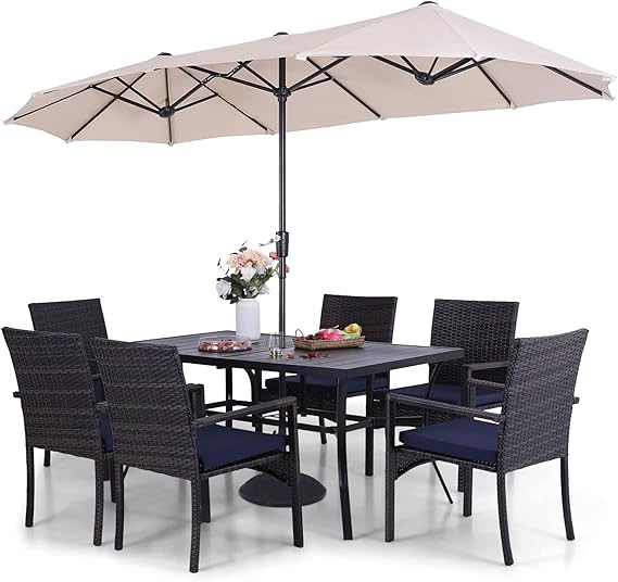 Sophia & William Patio Outdoor Table and Chairs Set with Umbrella Orange Red, Patio Dining Sets for 6, 7 Pieces Patio Table Set for Backyard Deck Porch Outside, Metal Table Rattan Chairs