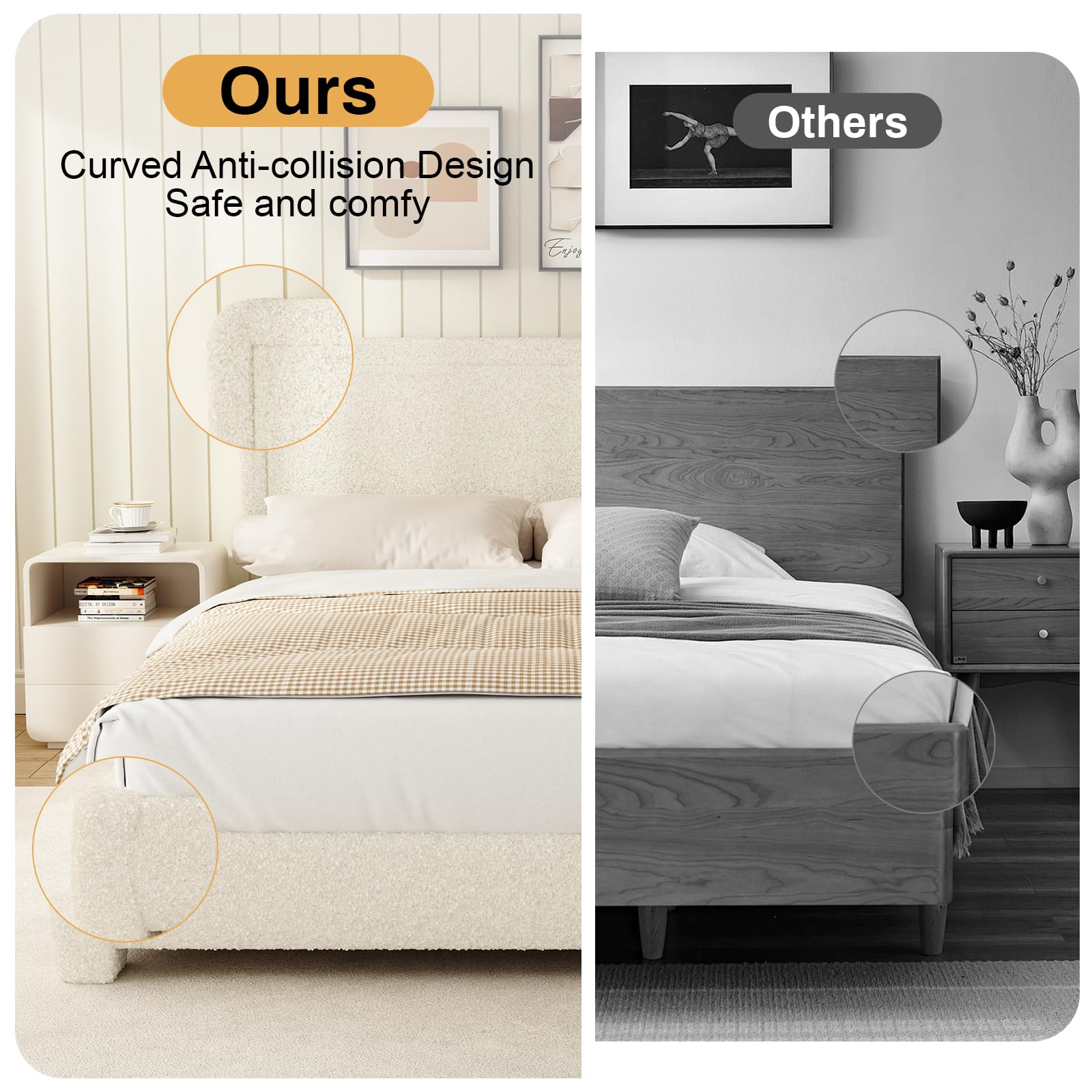 Full Size Boucle Upholstered Bed Frame with Adjustable Headboard
