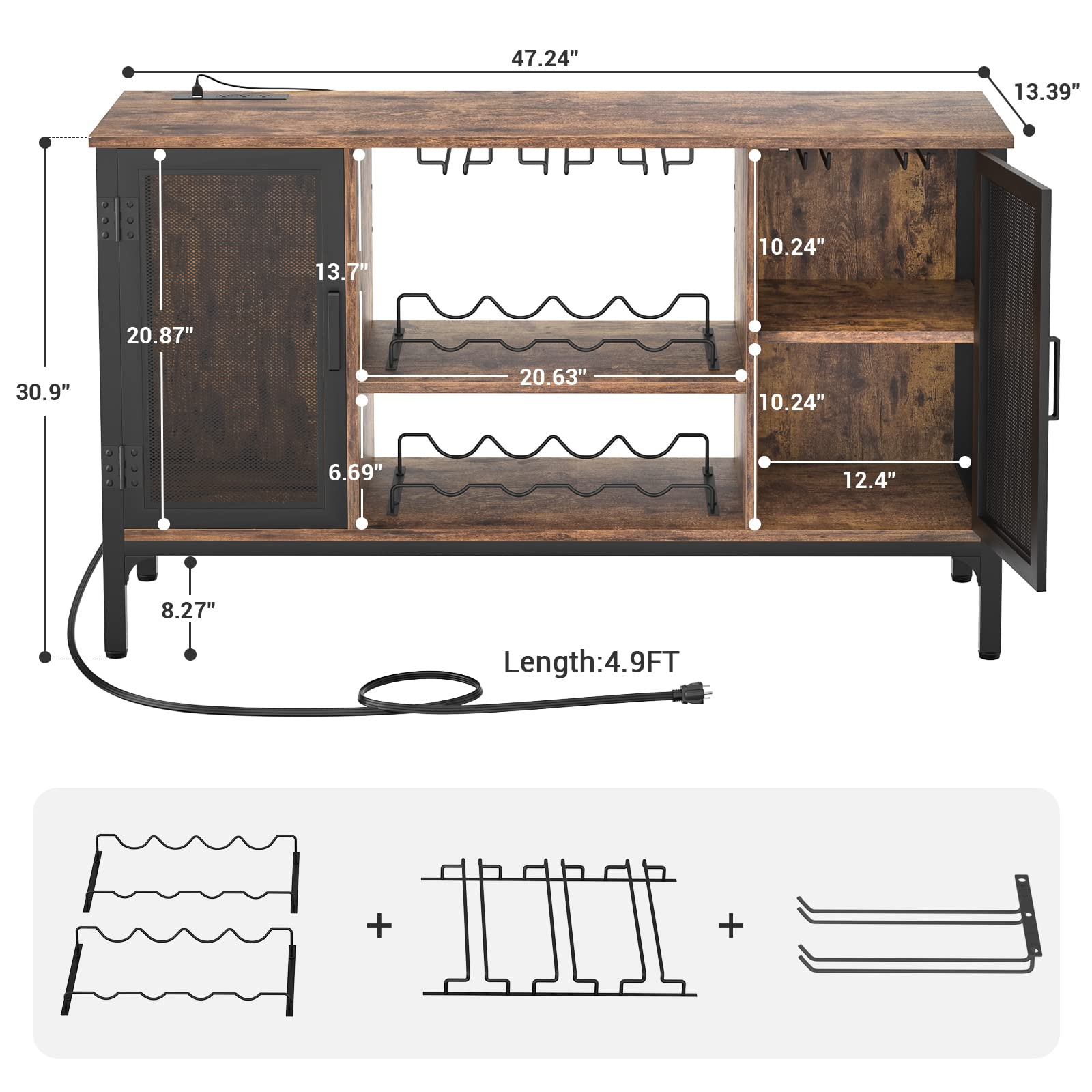 Industrial Bar Cabinet with LED Lights and Wine Rack