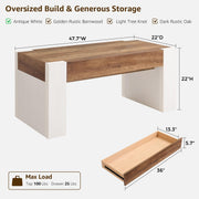 OKD 48" Modern Farmhouse Coffee Table, Wooden Living Room Table with Hidden Storage Drawer, Rustic Rectangular Center Tables with Wood Thick Design for Living Room, Office, Antique White