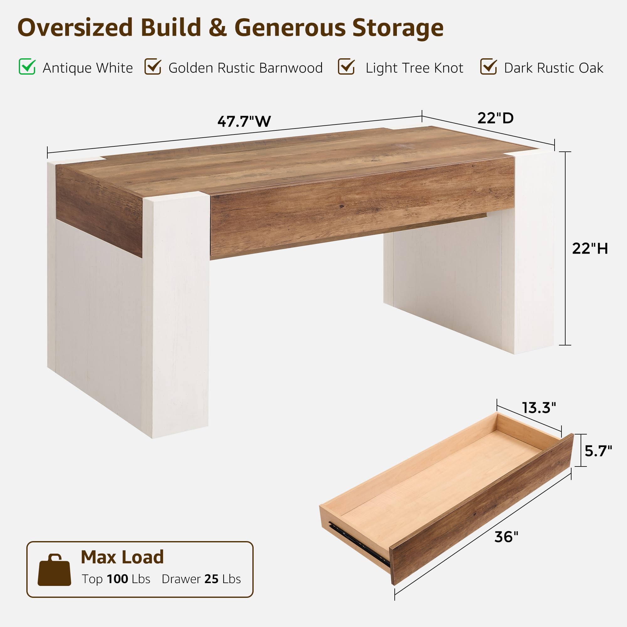 OKD 48" Modern Farmhouse Coffee Table, Wooden Living Room Table with Hidden Storage Drawer, Rustic Rectangular Center Tables with Wood Thick Design for Living Room, Office, Antique White