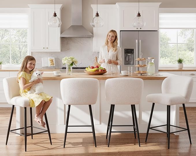 Counter Height Bar Stools Set of 2 - Sherpa Boucle Upholstered with Back