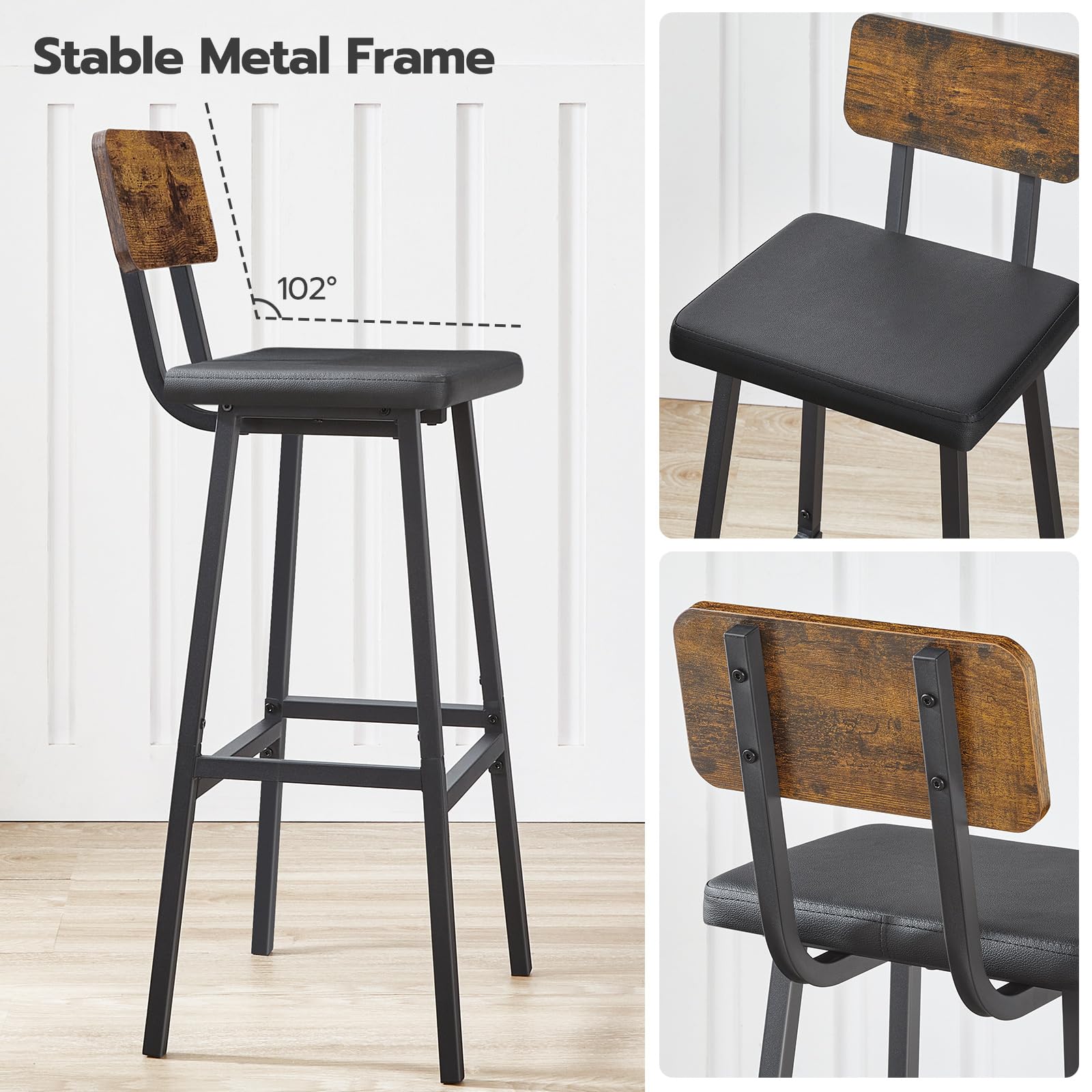 Bar Stools Set of 2 - PU Upholstered with Footrests