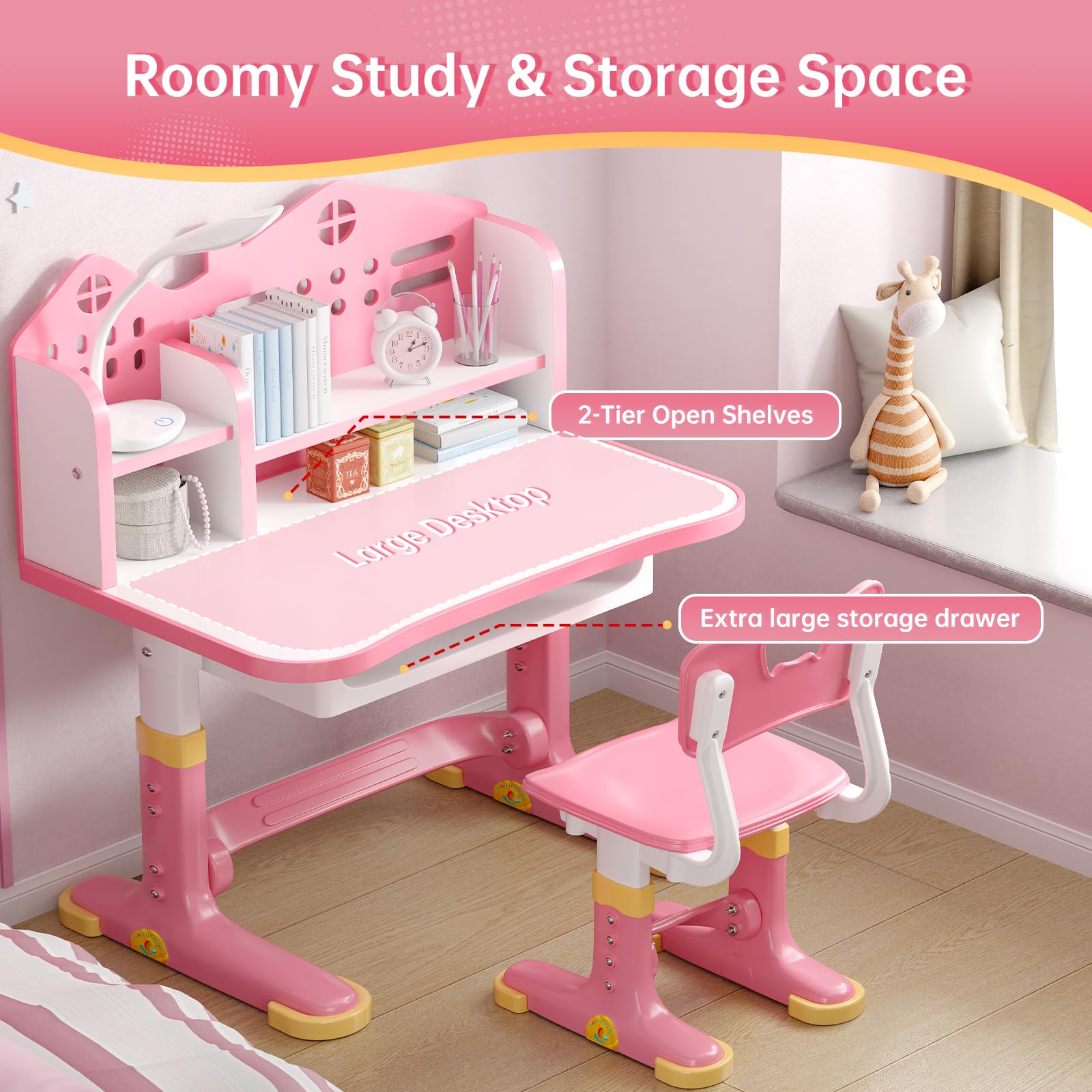Kids Desk and Chair Set - Height Adjustable Study Writing Table with Bookstand and Storage Drawer