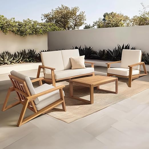 4-Piece Acacia Wood Outdoor Sectional Sofa Set