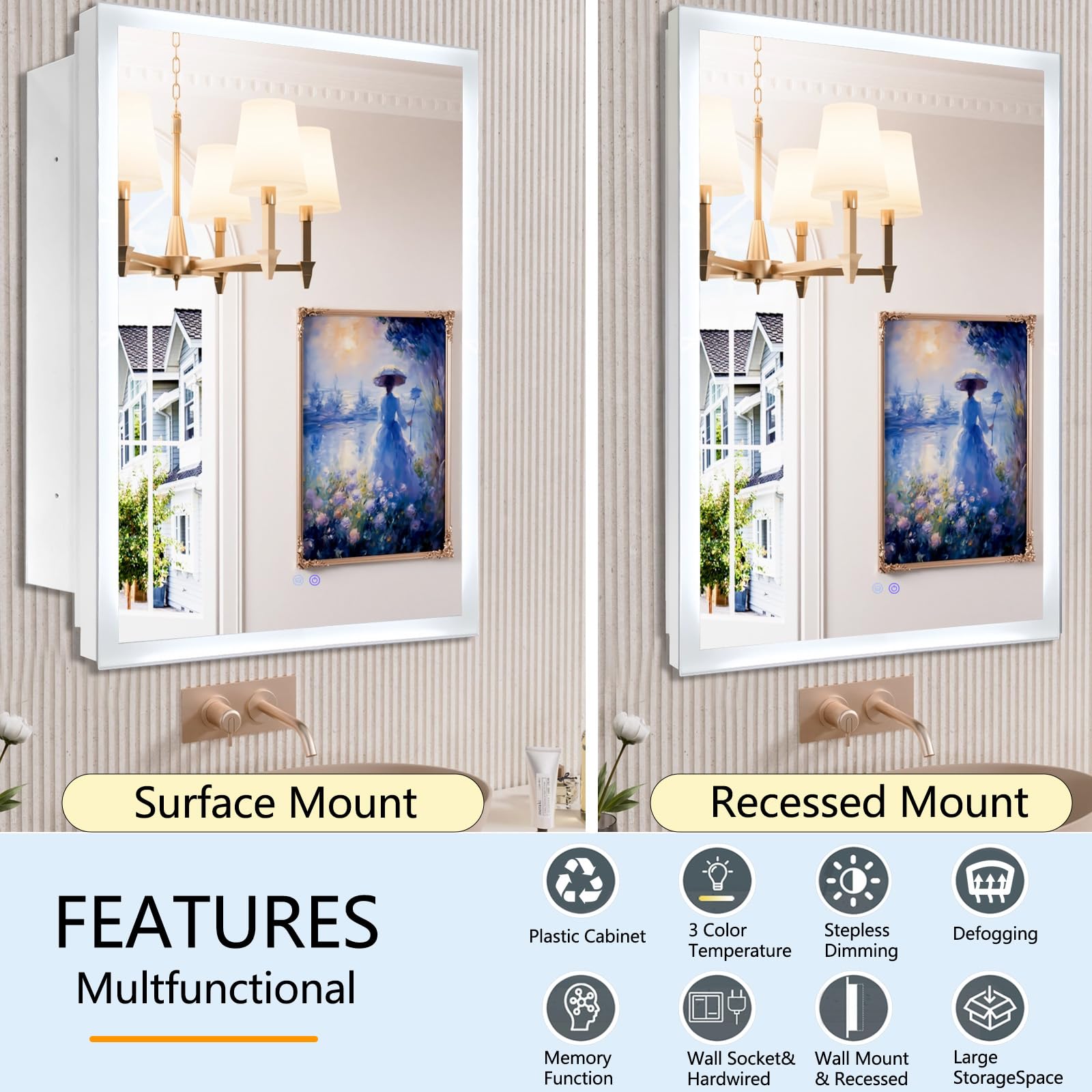 Smart LED Medicine Cabinet with Anti-Fog Mirror 16x26 Inch