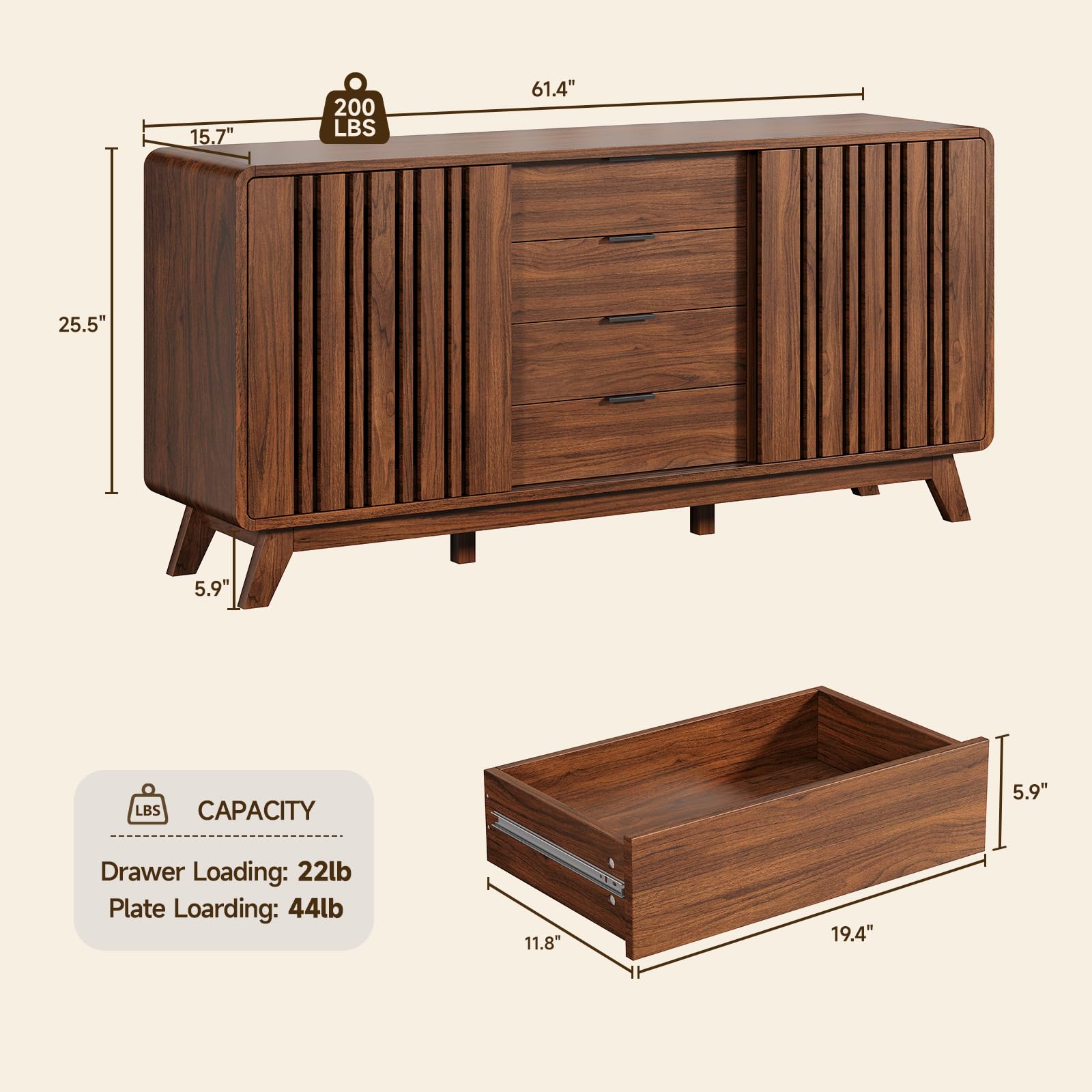 Mid Century Sideboard Buffet Cabinet with Sliding Doors