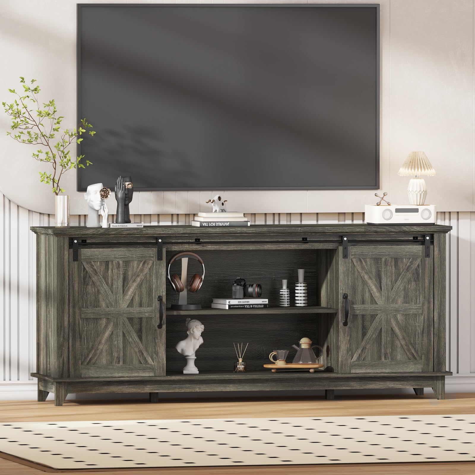 Farmhouse TV Stand for 75 Inch Television with Storage