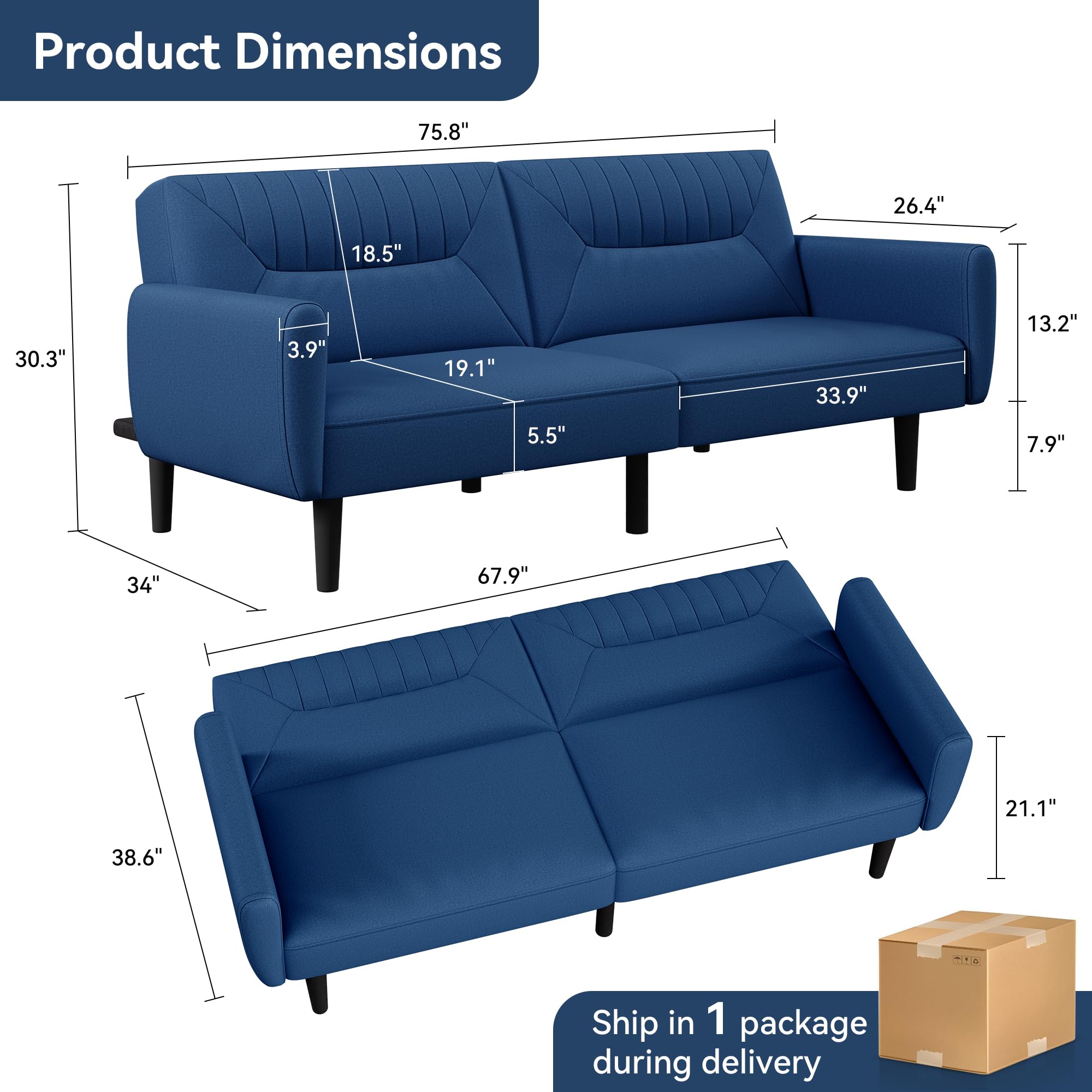 Convertible Futon Sofa Bed with Adjustable Backrest