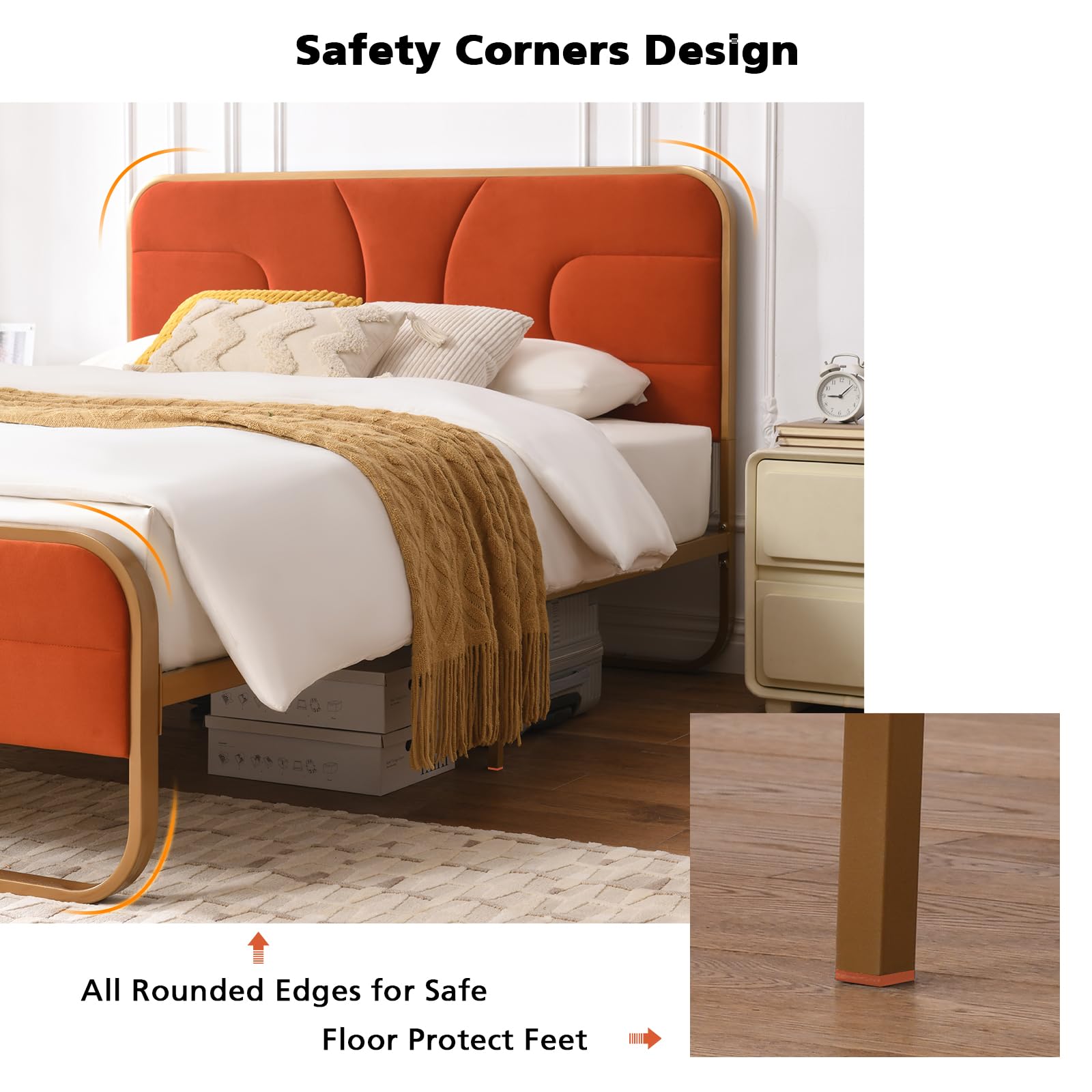 Full Size Velvet Upholstered Platform Bed with Rounded Metal Frame