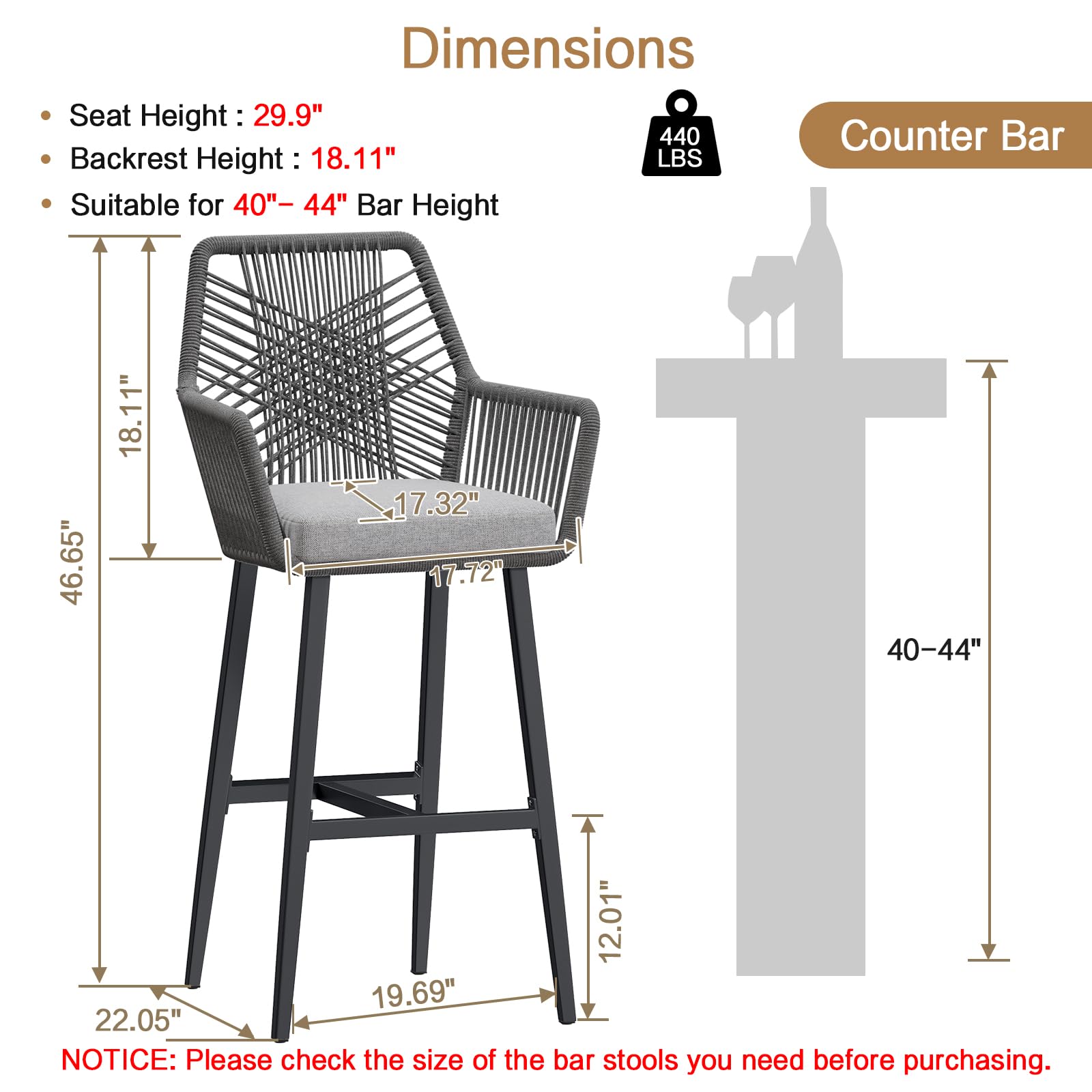 Counter Height Bar Stools Set of 4 - Rattan Outdoor Patio Chairs with Cushions
