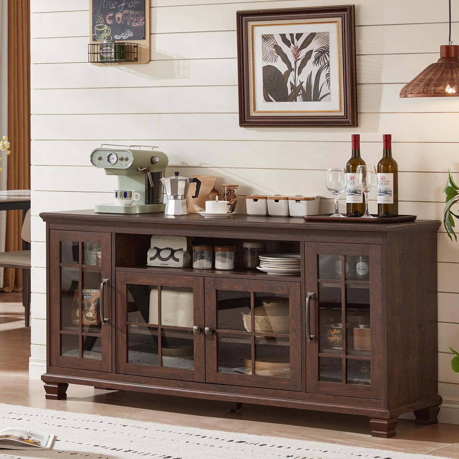 Vintage Walnut Sideboard Buffet Cabinet with Glass Doors