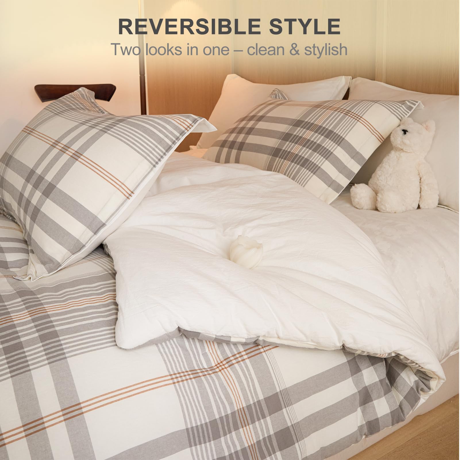 3-Piece Queen Cotton Comforter Set Grey White Plaid