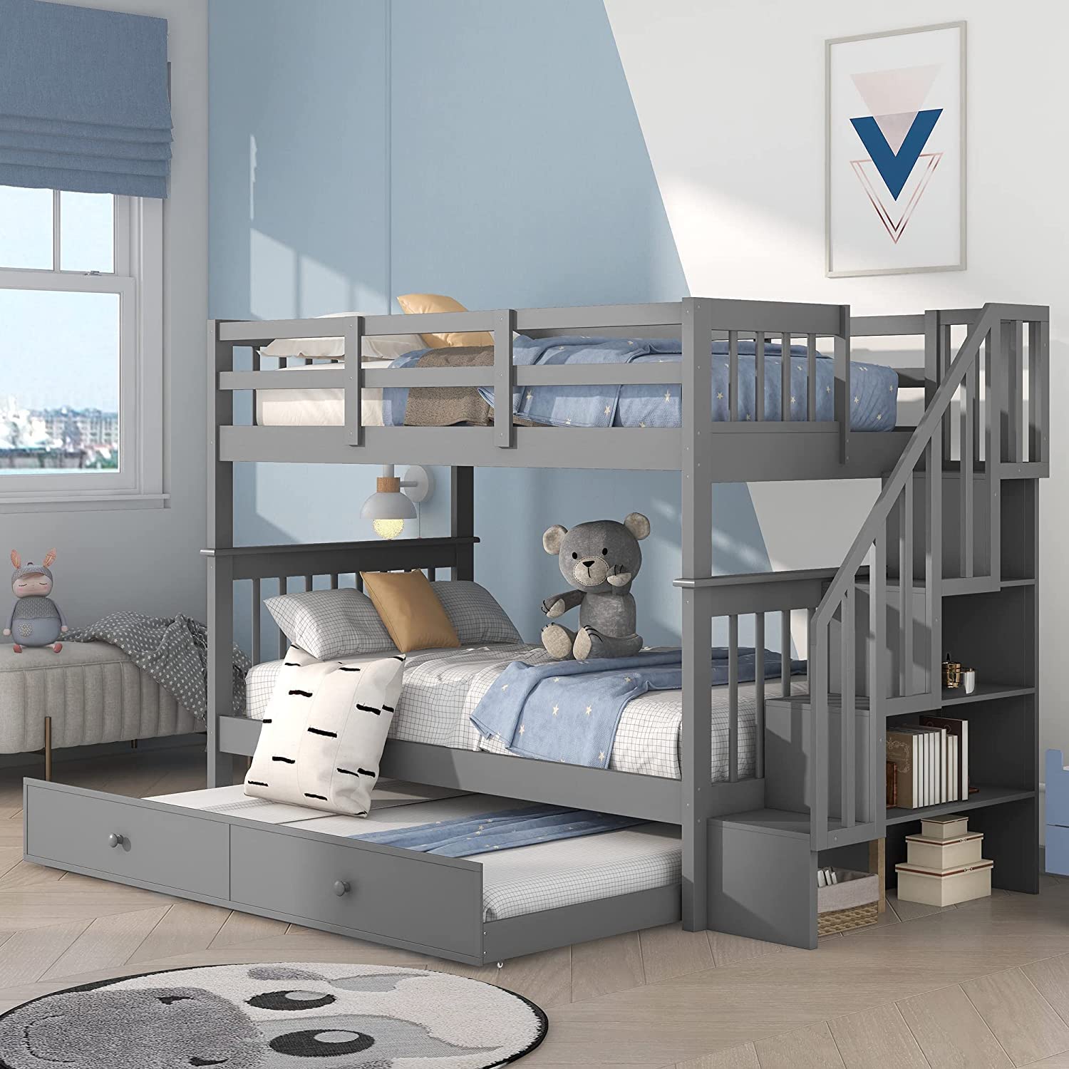 Twin Over Twin Bunk Bed with Trundle and Stairs