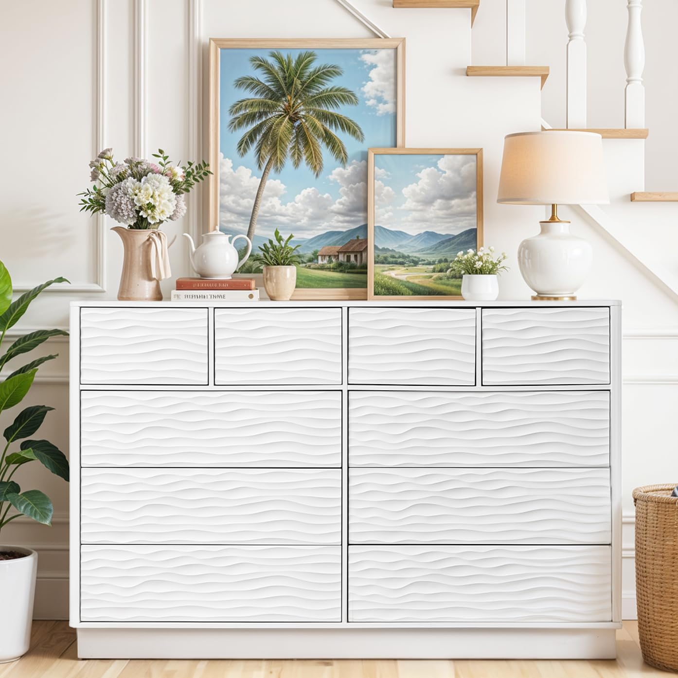 55 Inch Fluted Dresser with 10 Drawers