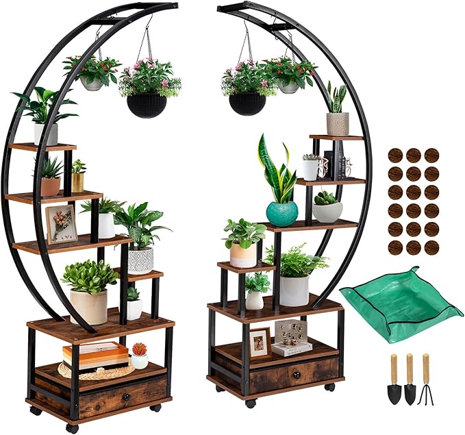 7-Tier Half Moon Plant Stand with Lockable Wheels