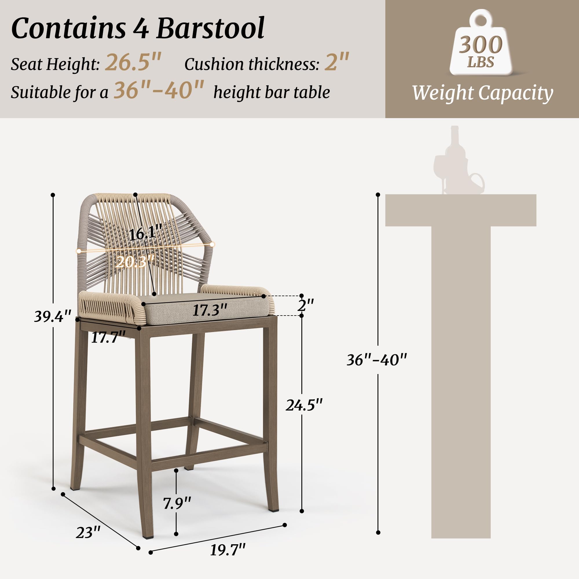 Woven Rope Bar Stools Set of 4 with Cushions