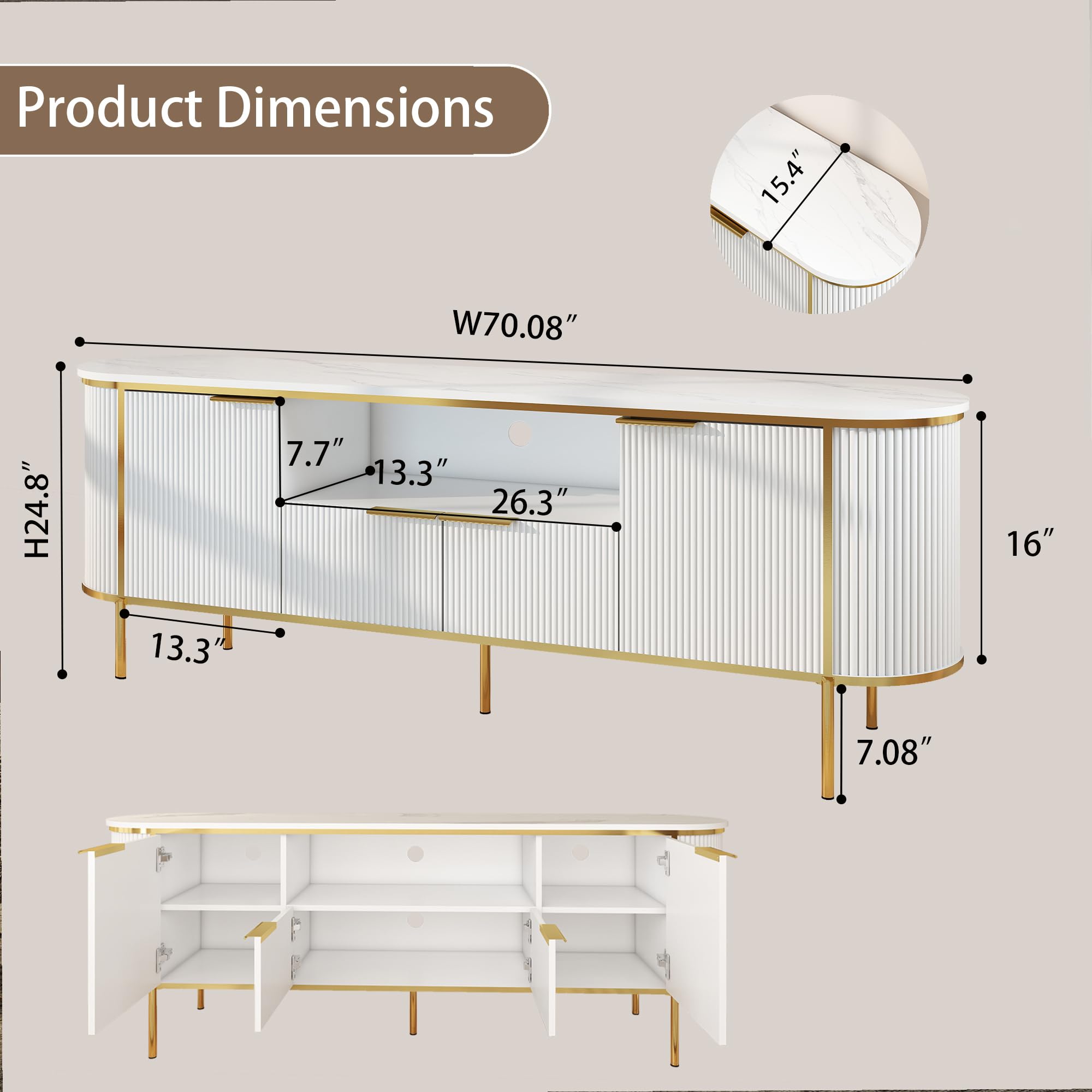 70" White and Gold TV Stand with Faux Marble Top