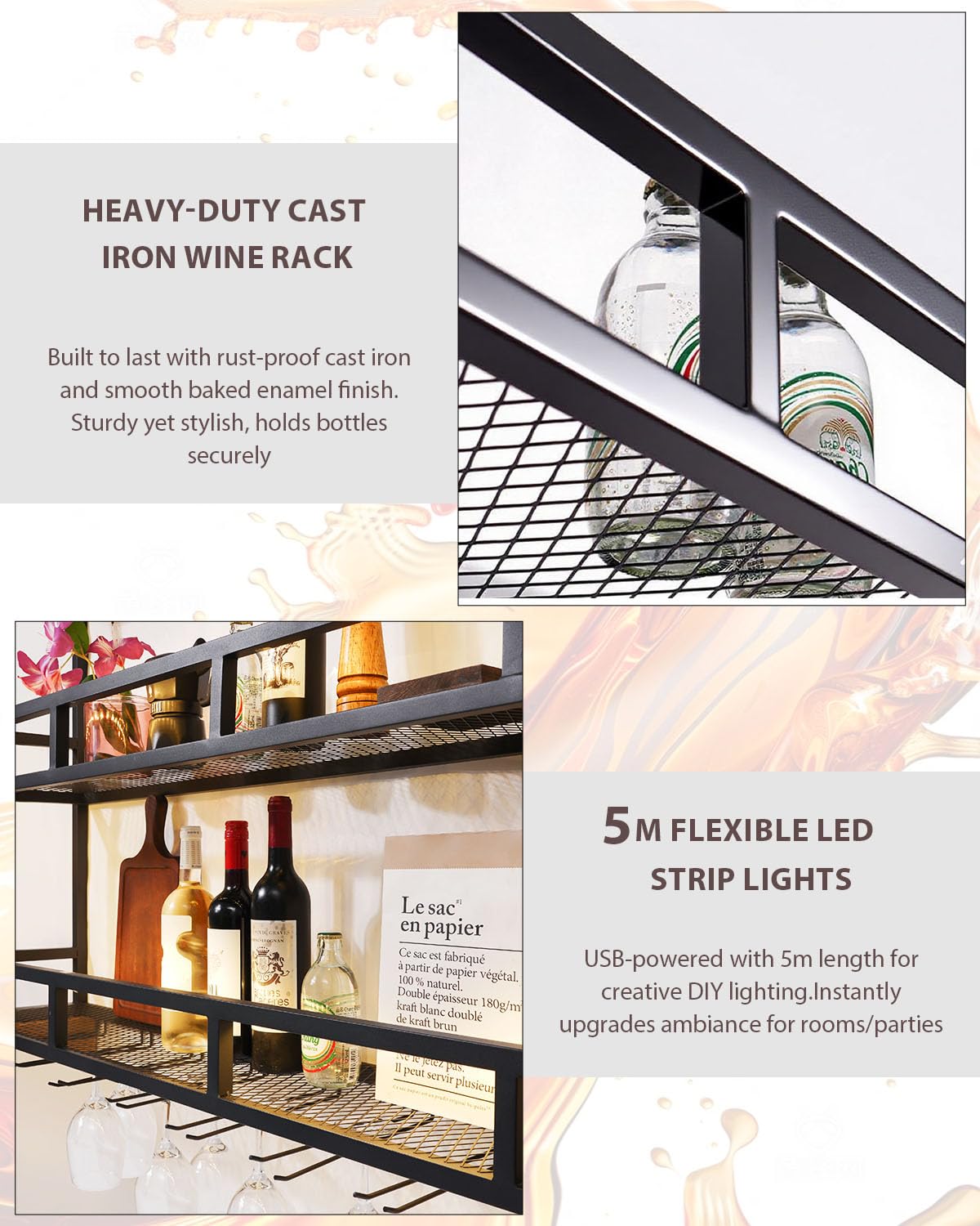 Wall Mounted Wine Rack with LED Light