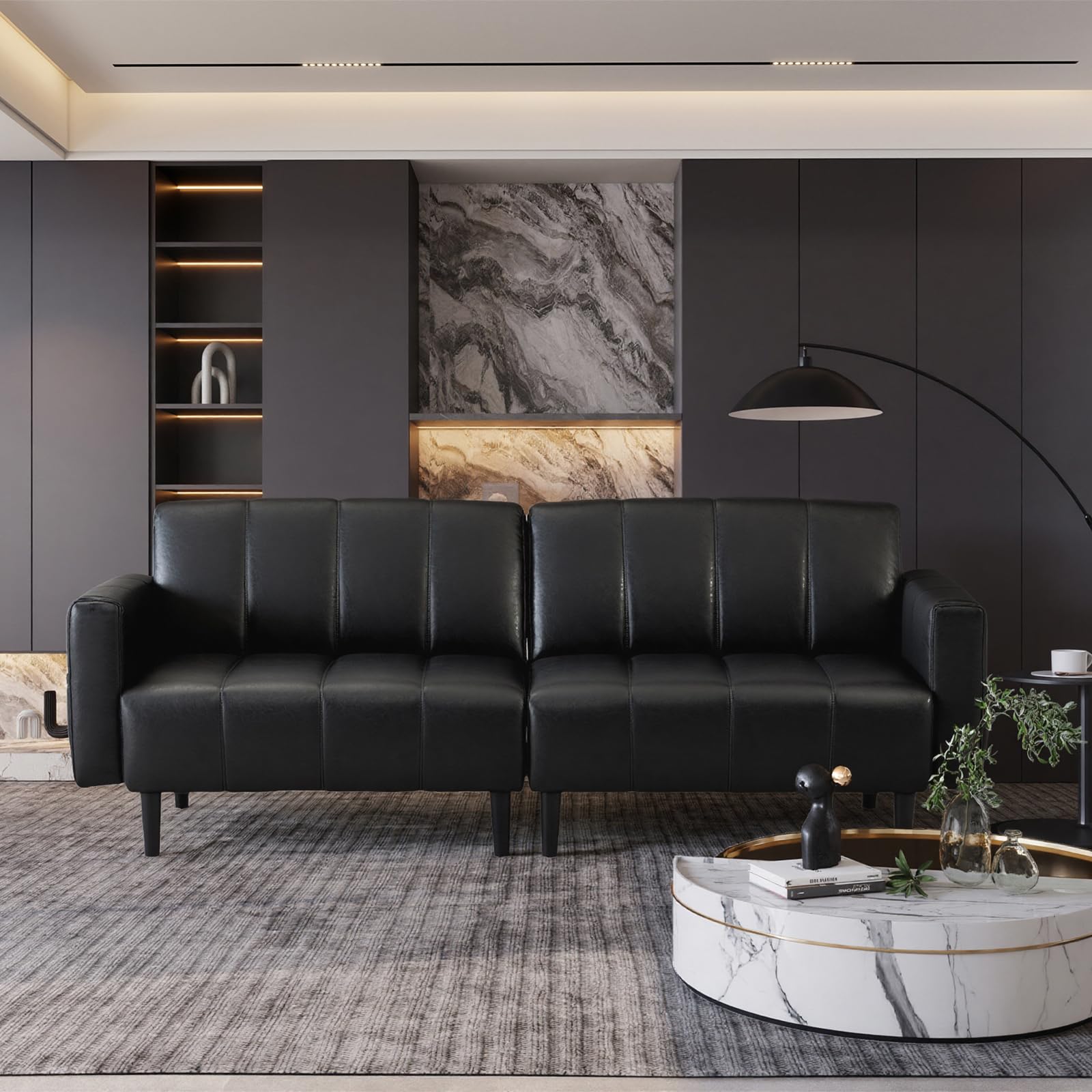 83" Faux Leather Futon Couch - Mid Century Modern Convertible Sofa