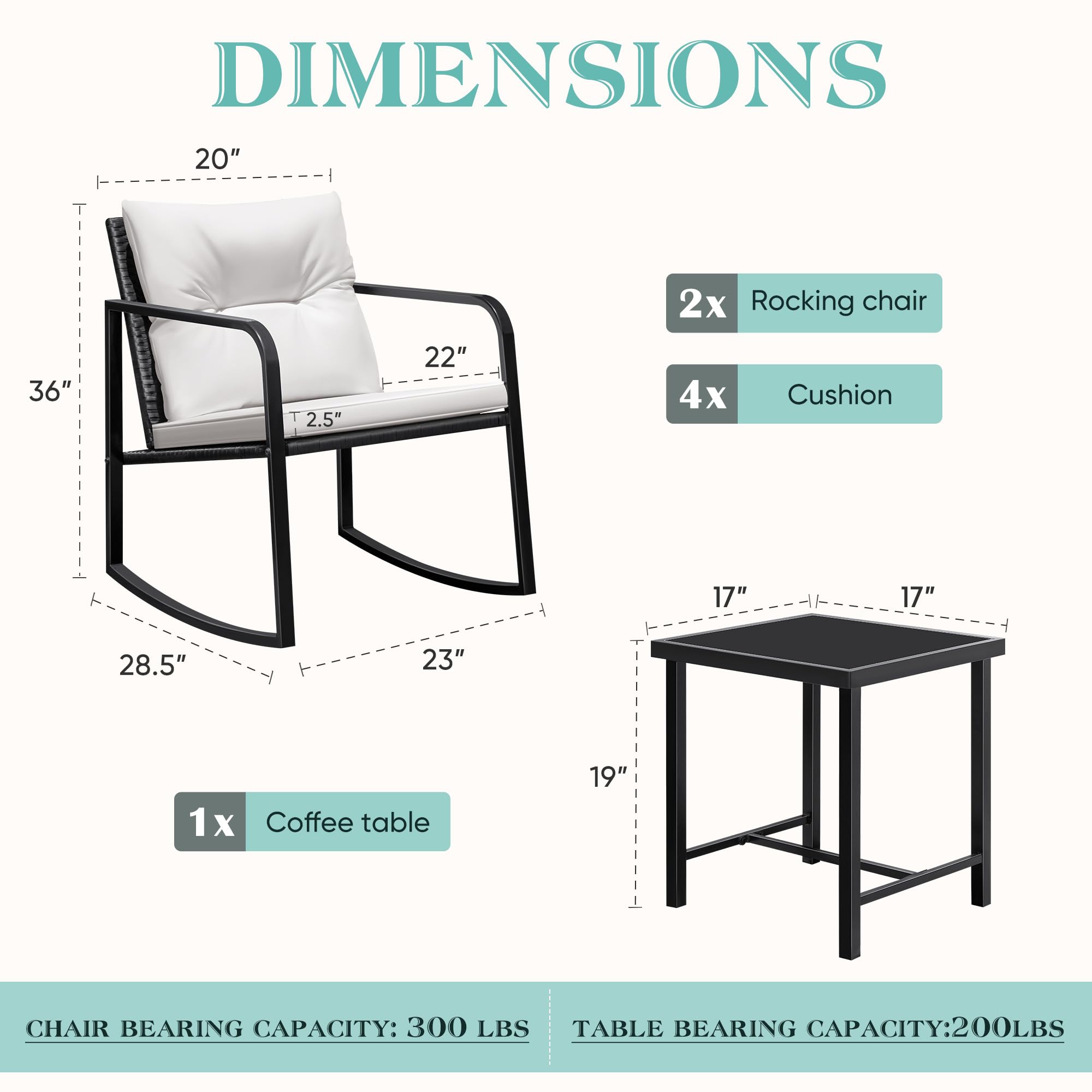 3 Pieces Rocking Wicker Bistro Set with Glass Coffee Table