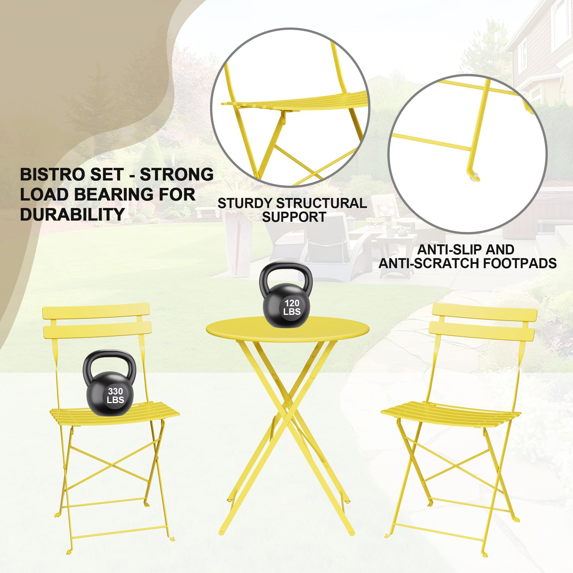 Patio Bistro Sets, 3-Piece Outdoor Furniture with Round Table & 2 Folding Chairs, Compact Balcony Set for Small Spaces, Porch/Garden, Yellow