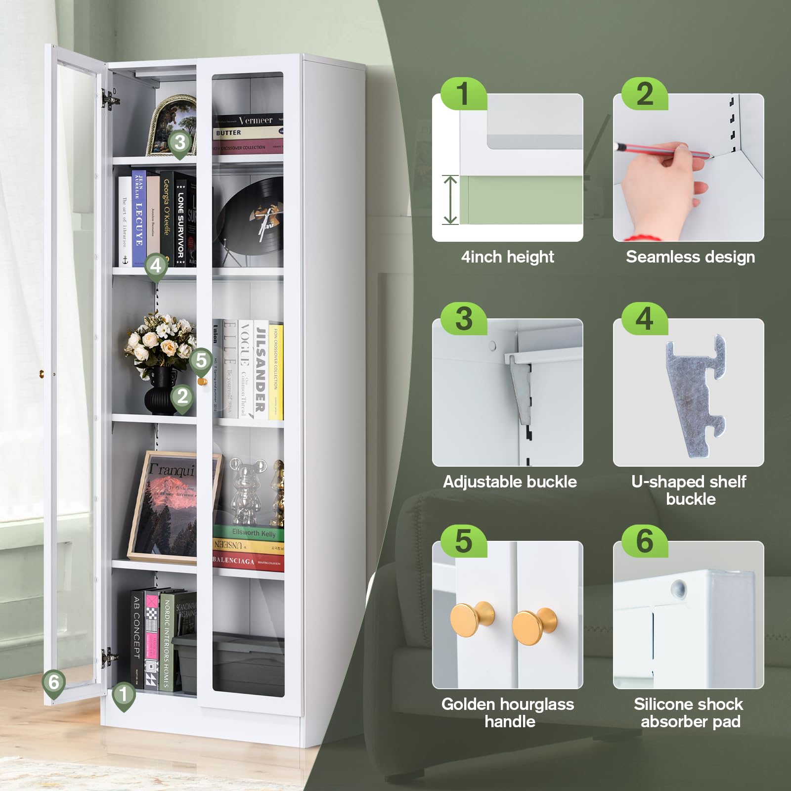 Modern Display Cabinet with Doors - 5-Tier Tall Bookcase