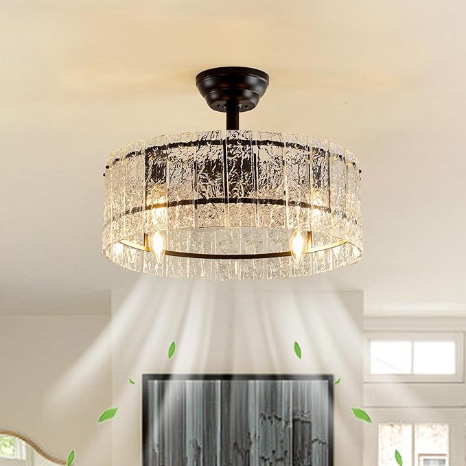 19.7 Inch Black Caged Crystal Ceiling Fan with Light