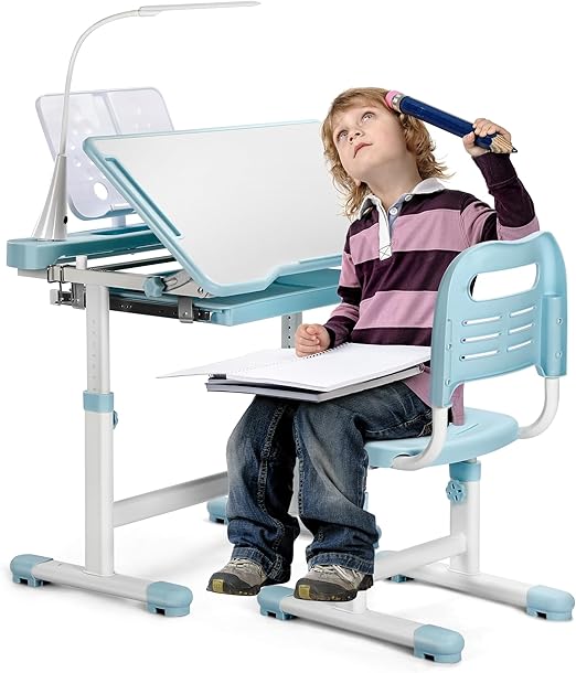 Height Adjustable Kids Desk and Chair Set with LED Light