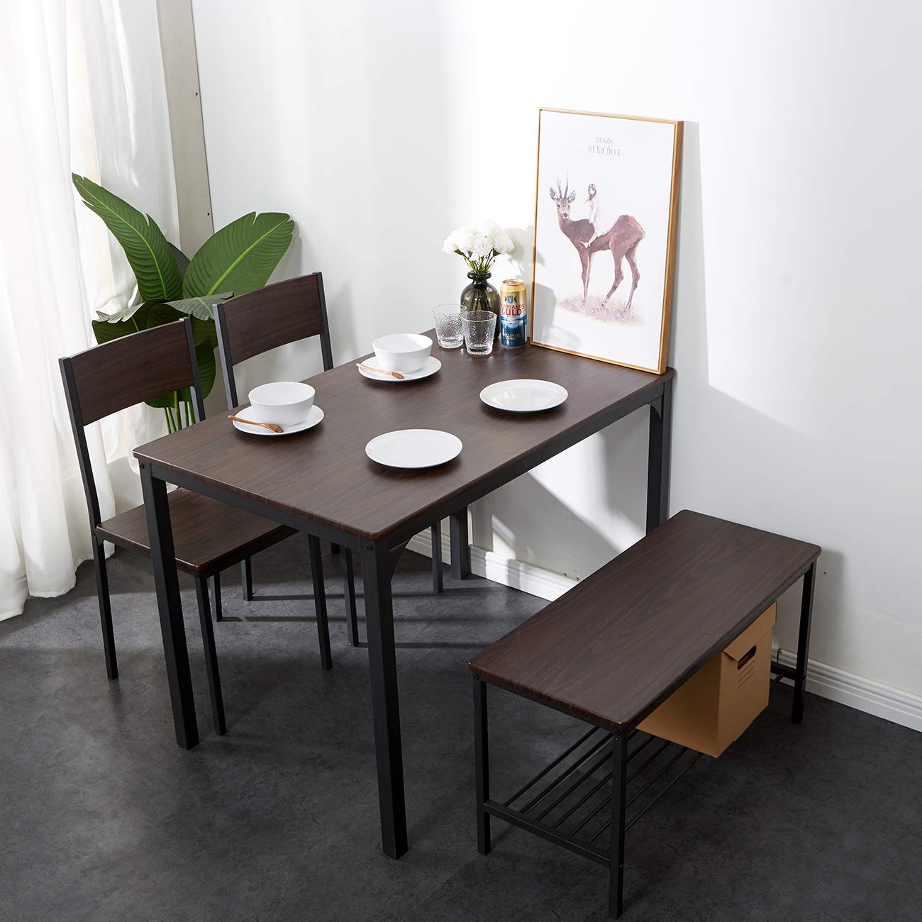 Dining Table Set with Bench and Chairs for 3-4 Persons