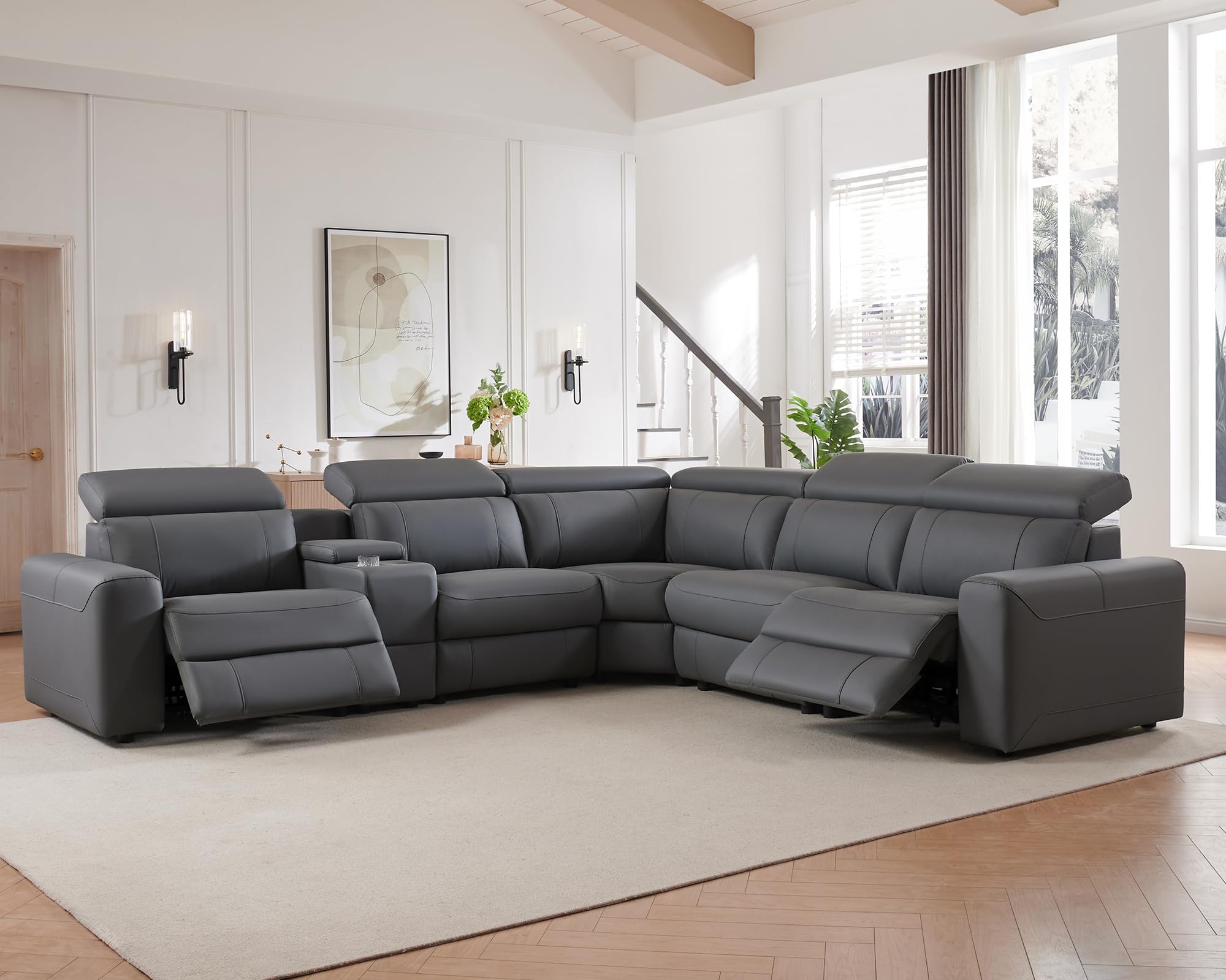 Power Recliner Sofa with Console - Electric Dual Reclining Leather Sectional Couch