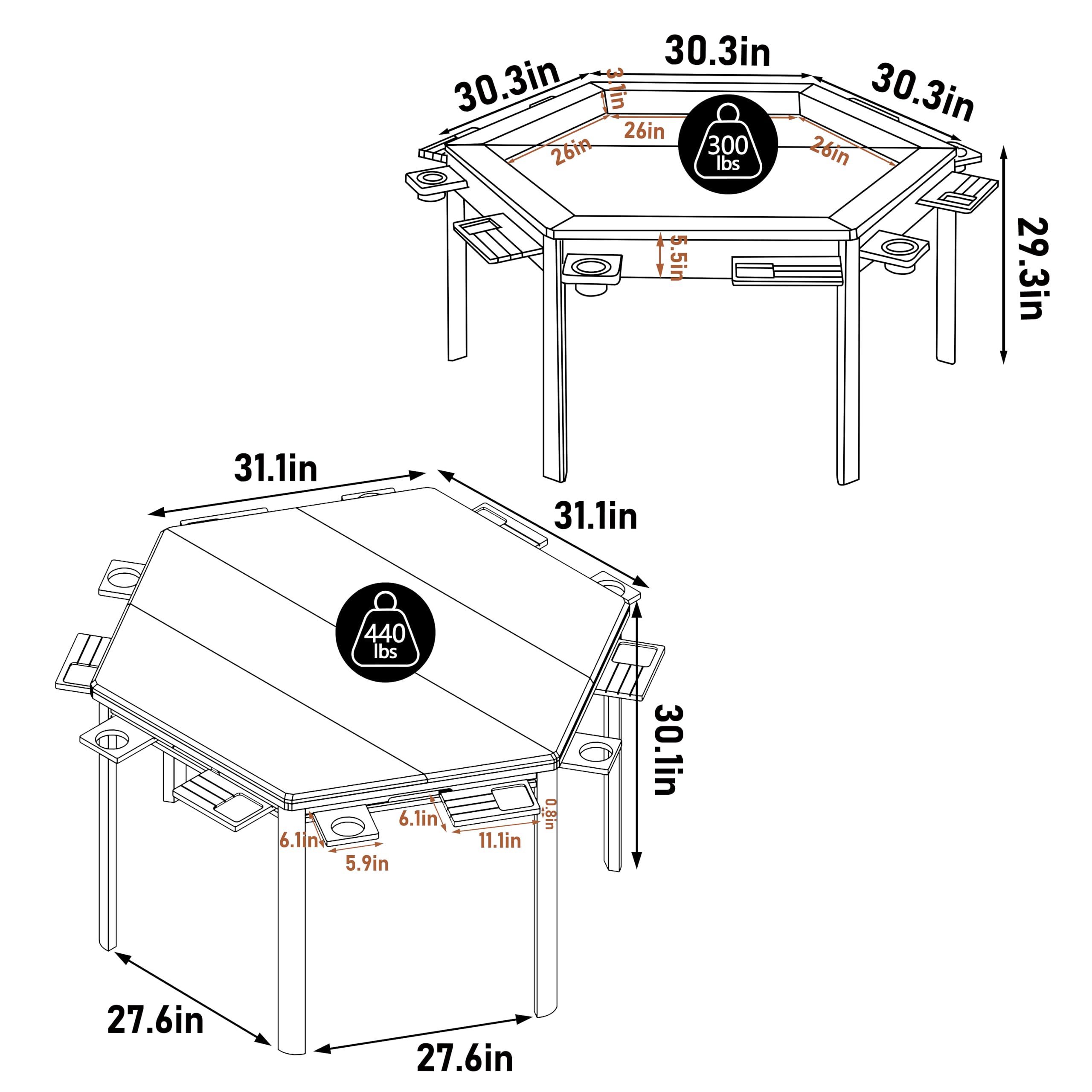 Hexagonal Gaming Table with Removable Top