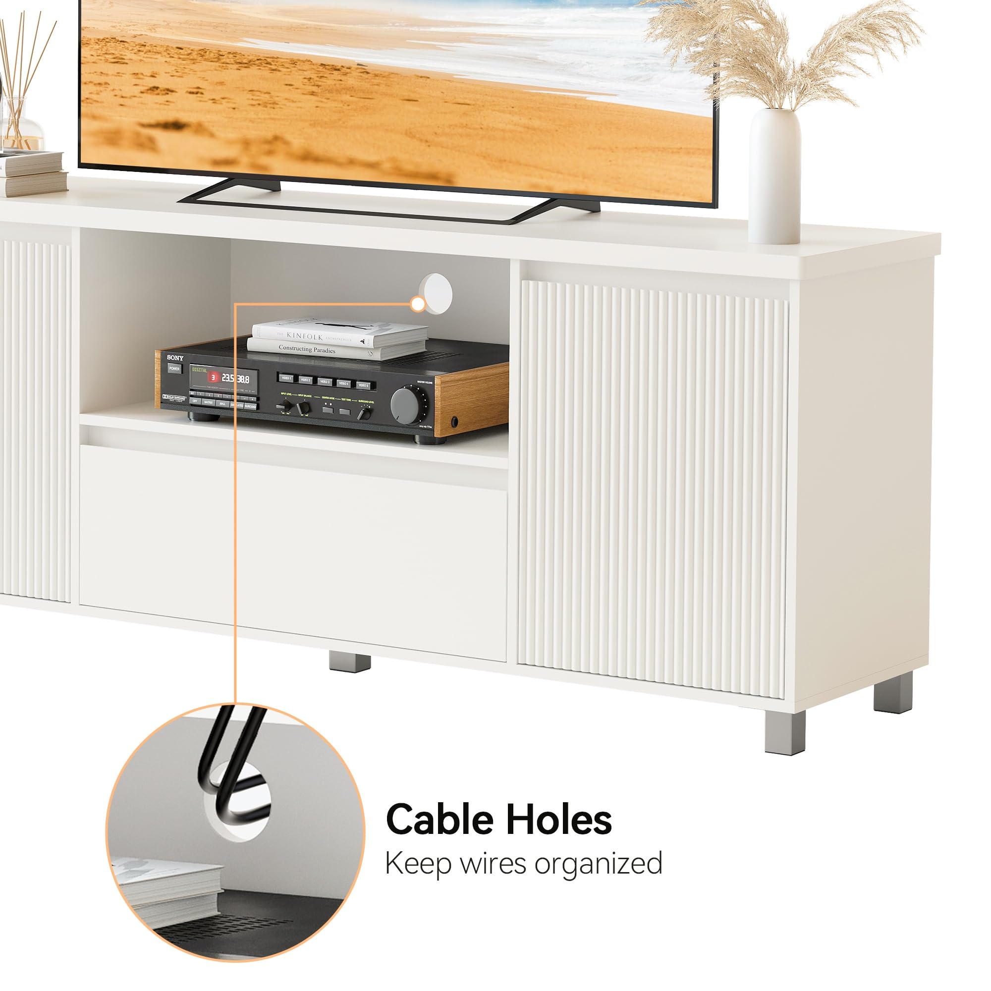 63 Inch TV Stand with Storage Drawer and Open Shelves