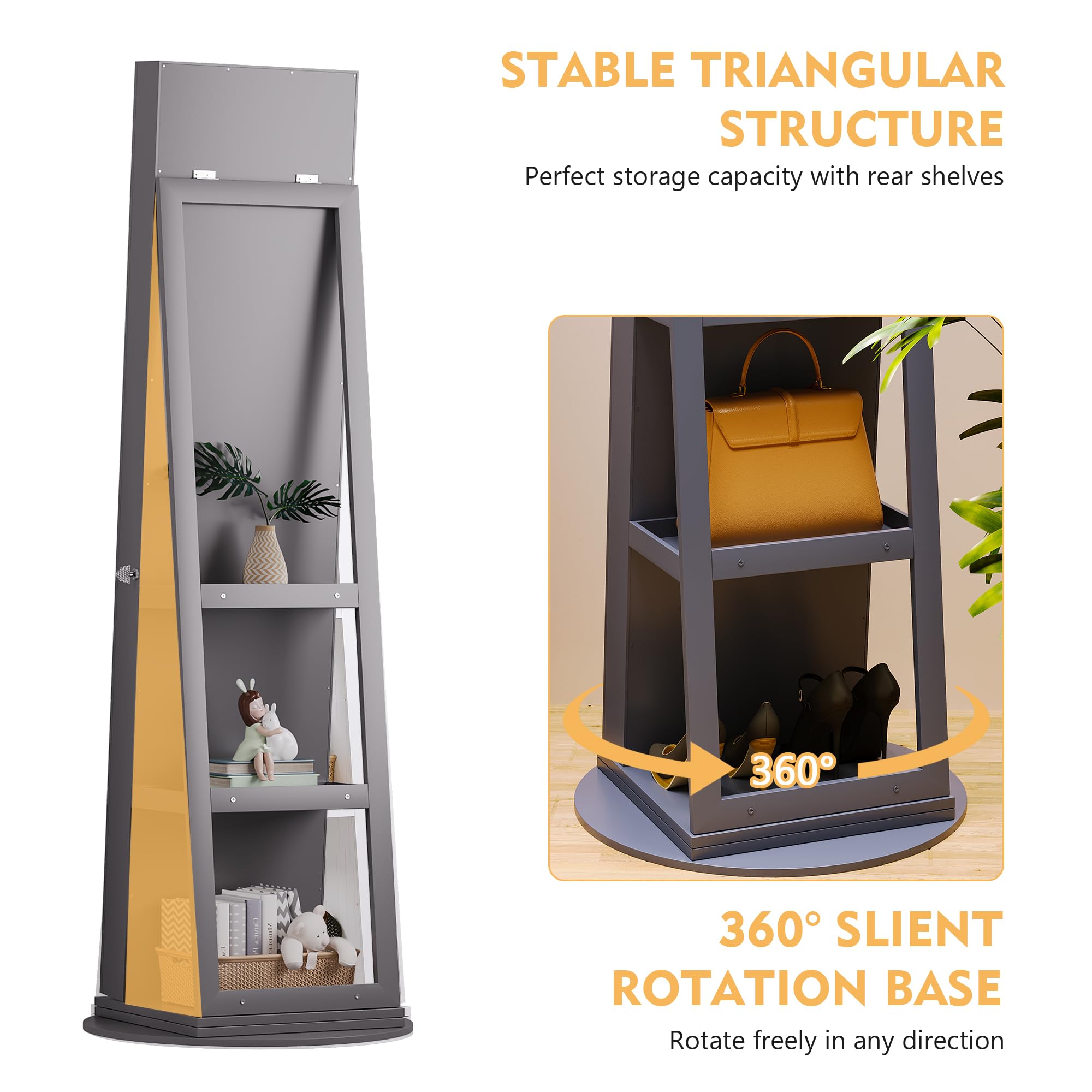 360° Rotating Full Length Mirror Jewelry Armoire with Storage