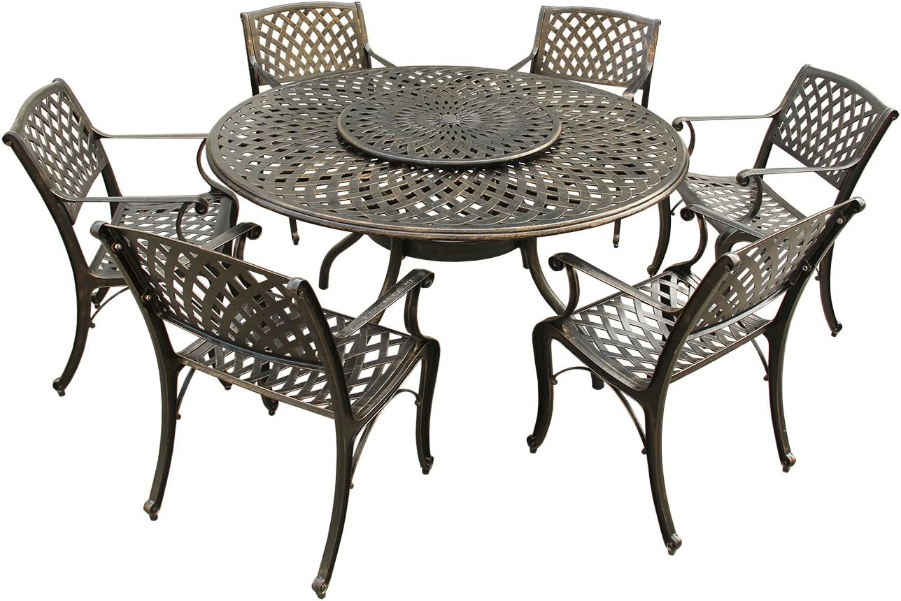 59" Round Outdoor Dining Set with Lazy Susan and 6 Chairs