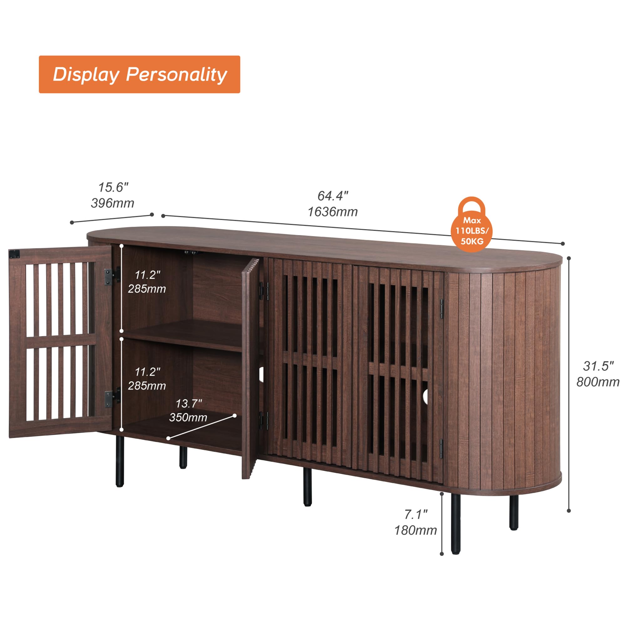 Fluted Sideboard Buffet Cabinet with 4 Doors