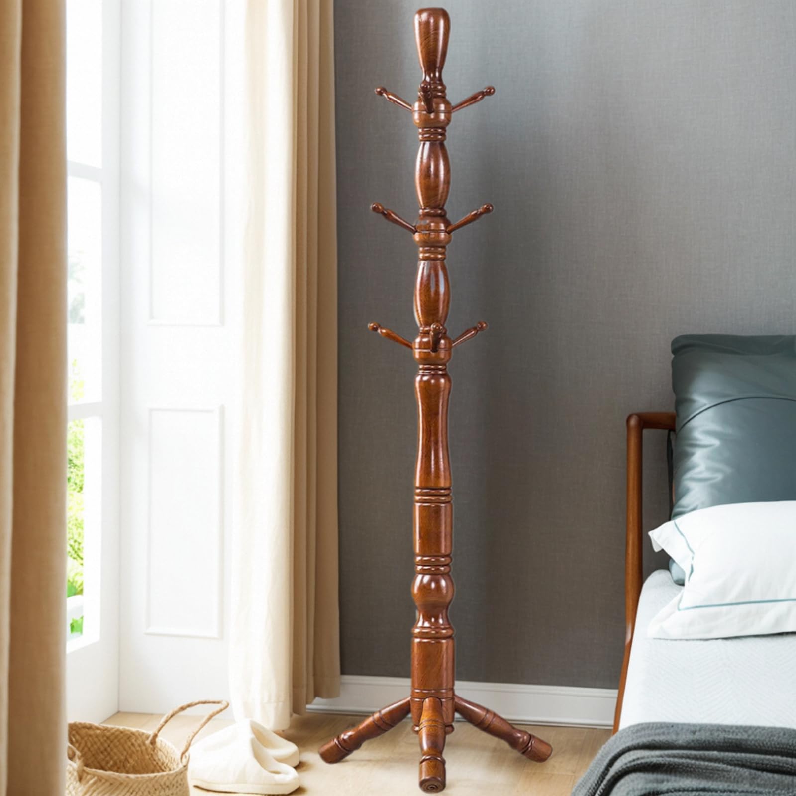 Wood Coat Rack Hall Tree with Triangle Base and 9 Hooks