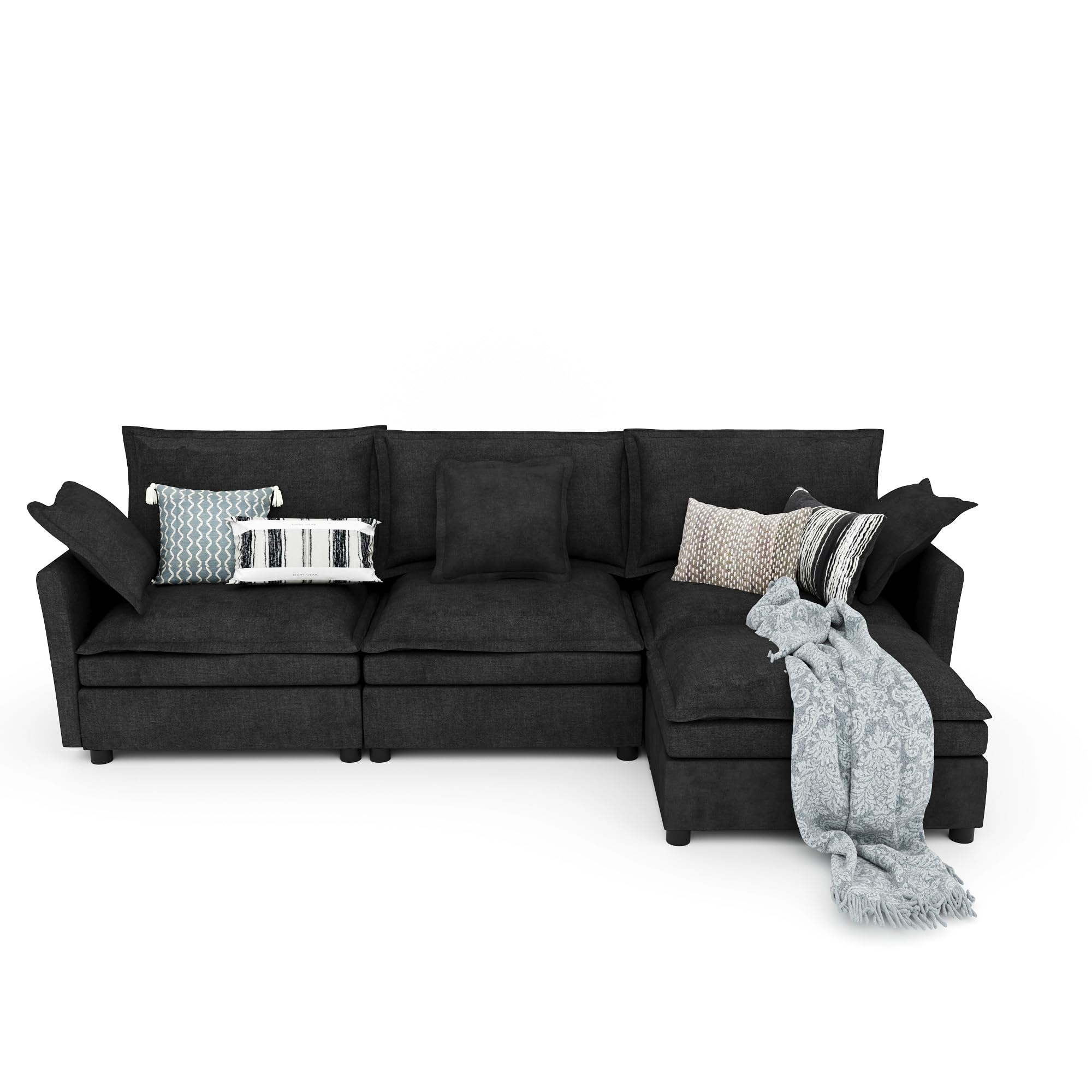 112 Inch Dark Grey Cloud Sectional Couch - Wide Pillow Edge, Chenille Comfy Upholstered, 3 Seater Modular Sofa with Ottoman, L Shaped Couches for Living Room, Apartment, Office