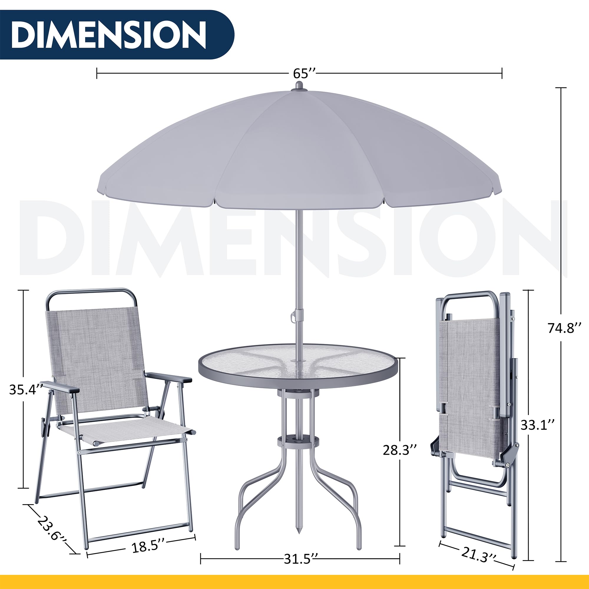 Shintenchi 6 Piece Patio Dining Set with Umbrella, Outdoor Furniture Set with 4 Folding Chairs and Tempered Glass Top Dining Table fot Lawn Backyard Garden Porch, Silver