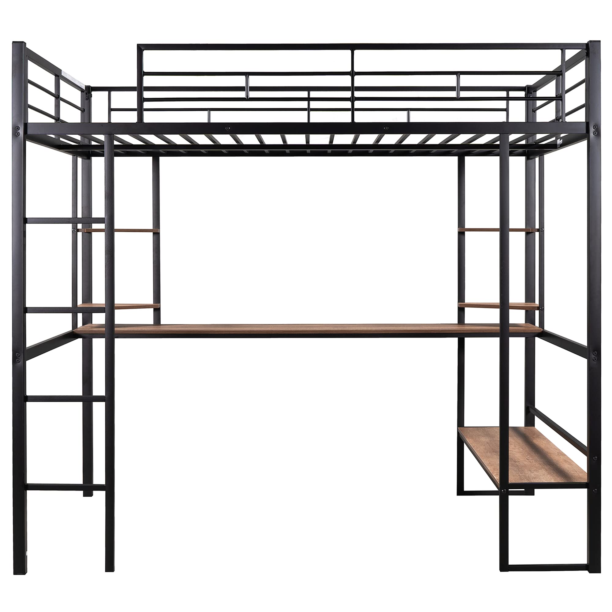 Full Size Metal Loft Bed with Desk and Shelves