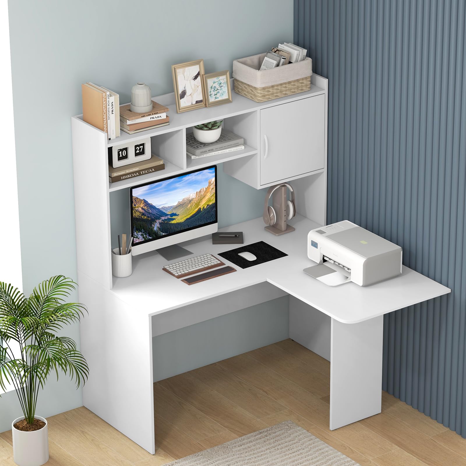 L-Shaped Desk with Storage Hutch and Cabinet