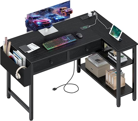 Pink Reversible L-Shaped Desk with Drawers and Shelves